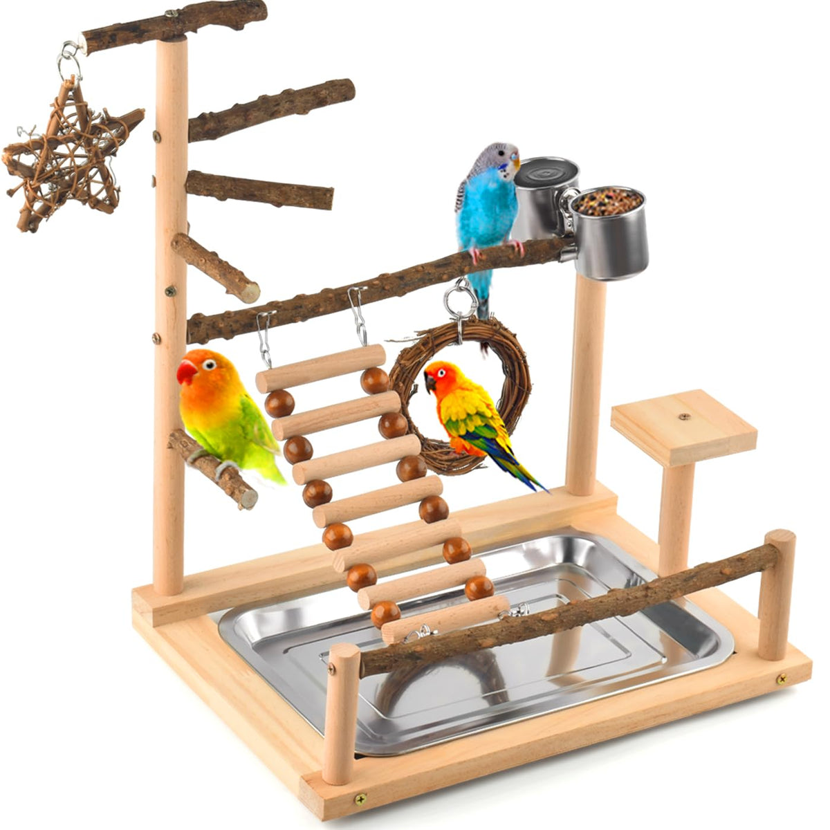 KATUMO Bird Playground natural wood perches encourage active play and exploratory clambering.