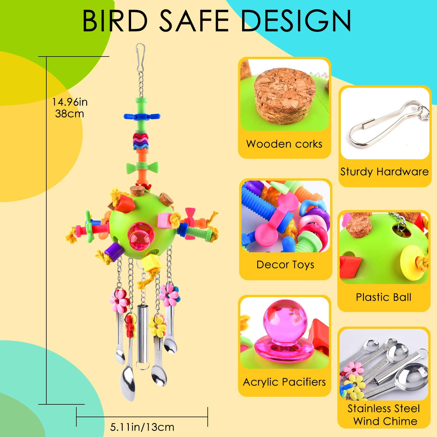 KATUMO bird toy with colorful acrylic pacifiers for visual stimulation and curiosity.