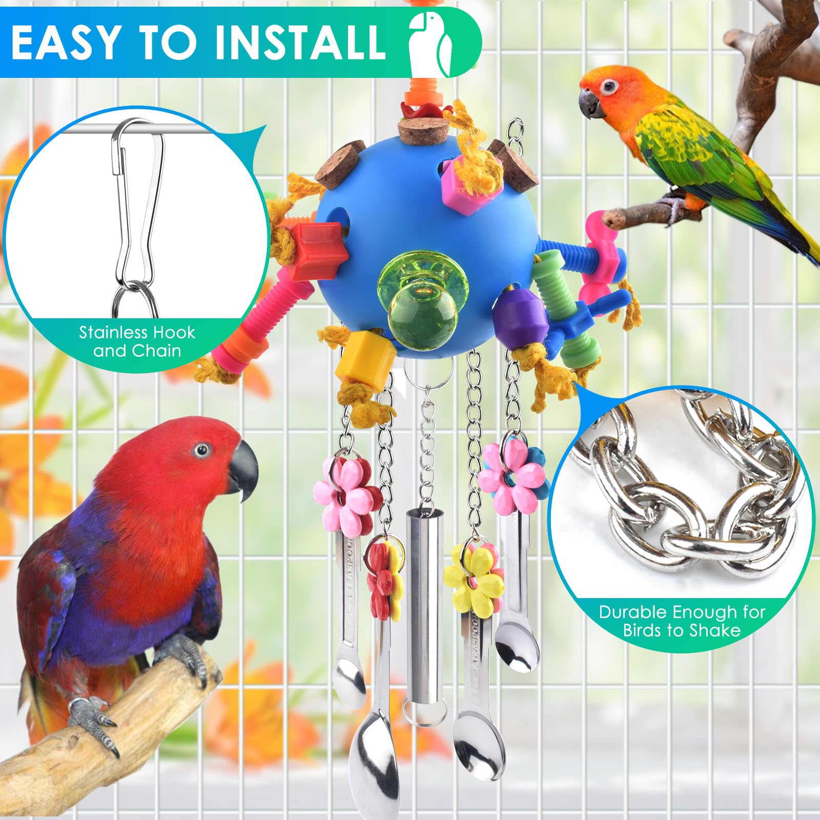 KATUMO Bird Toys stainless chain and hook for quick, secure cage hanging.