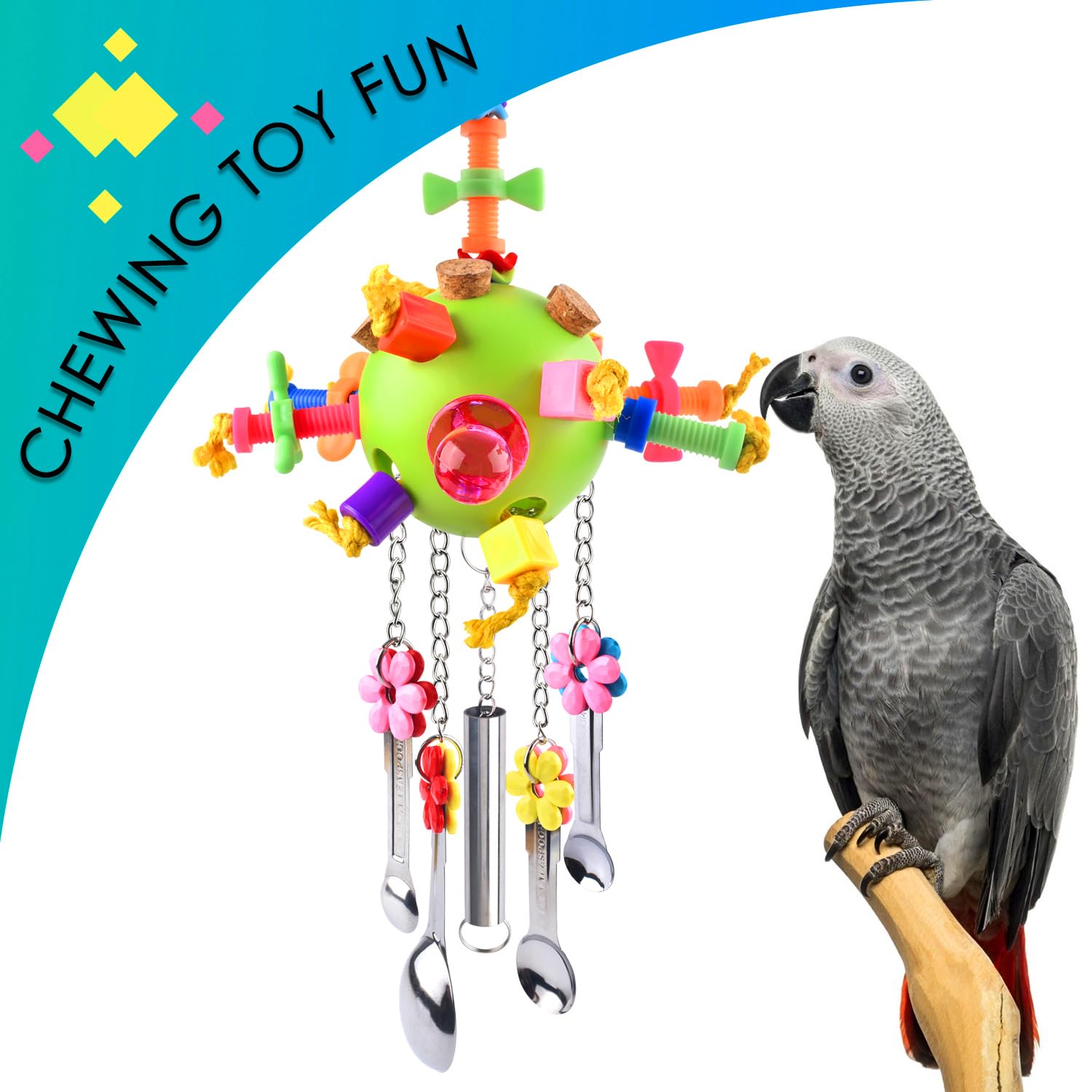 KATUMO bird toy features wind chime sounds to engage hearing and play.
