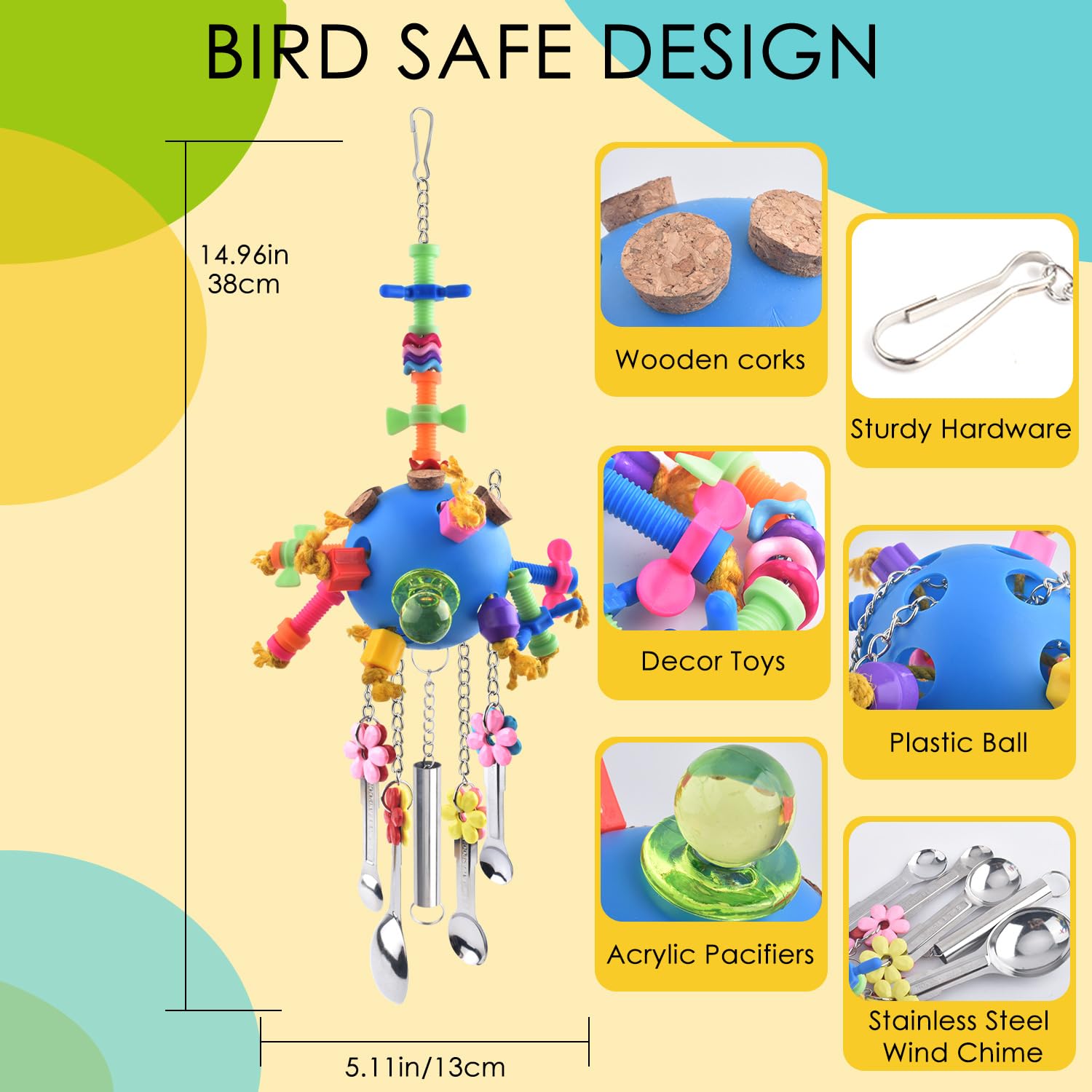 KATUMO Bird Toys wind chime and spoons for engaging sounds and interactive play.