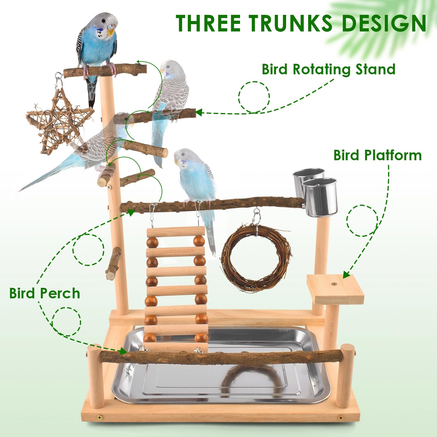 KATUMO parakeet ladder and swing setup promotes climbing, enrichment, and engaging flight.
