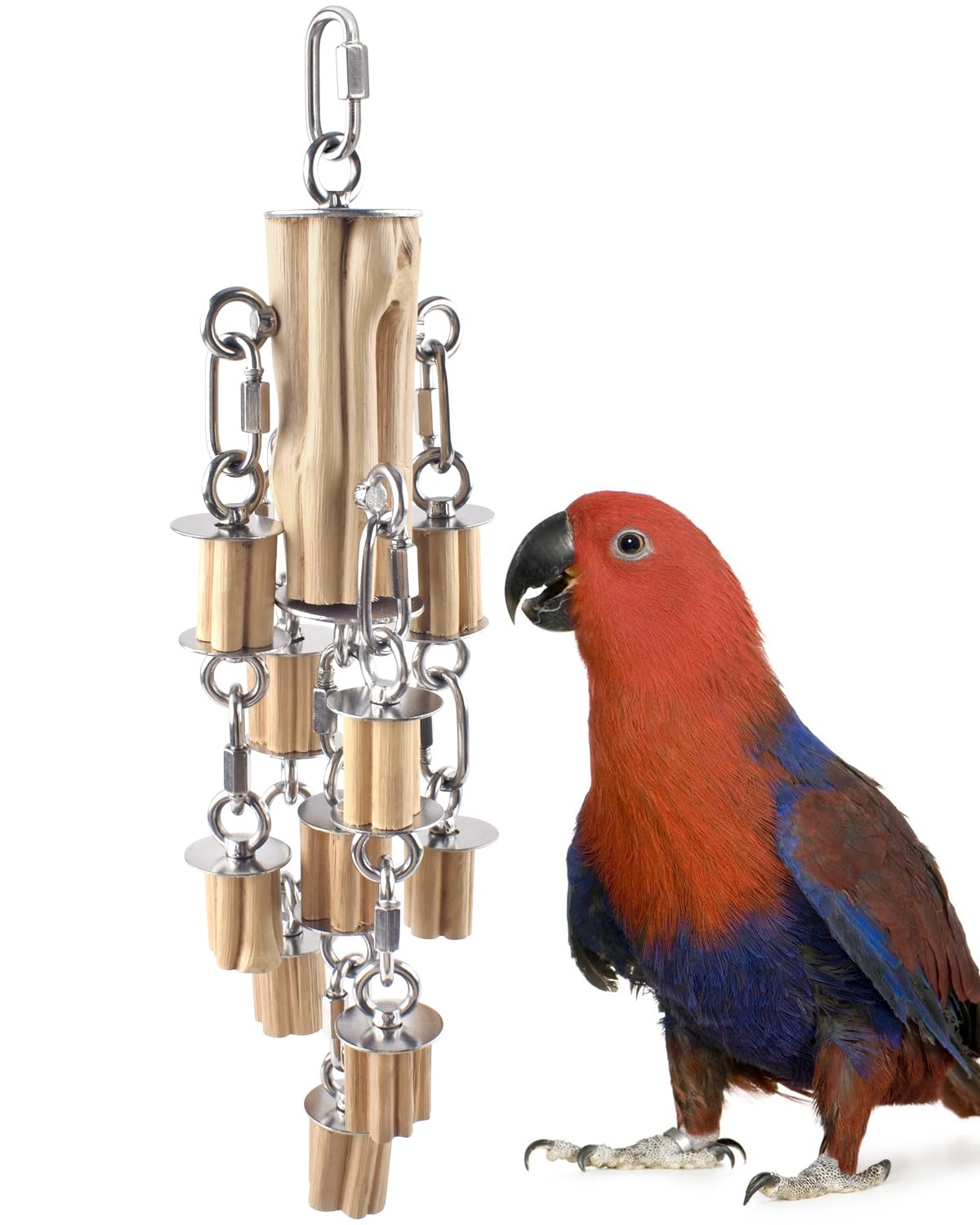 KATUMO parrot toy with chains and wood blocks offers visual stimulation during play.