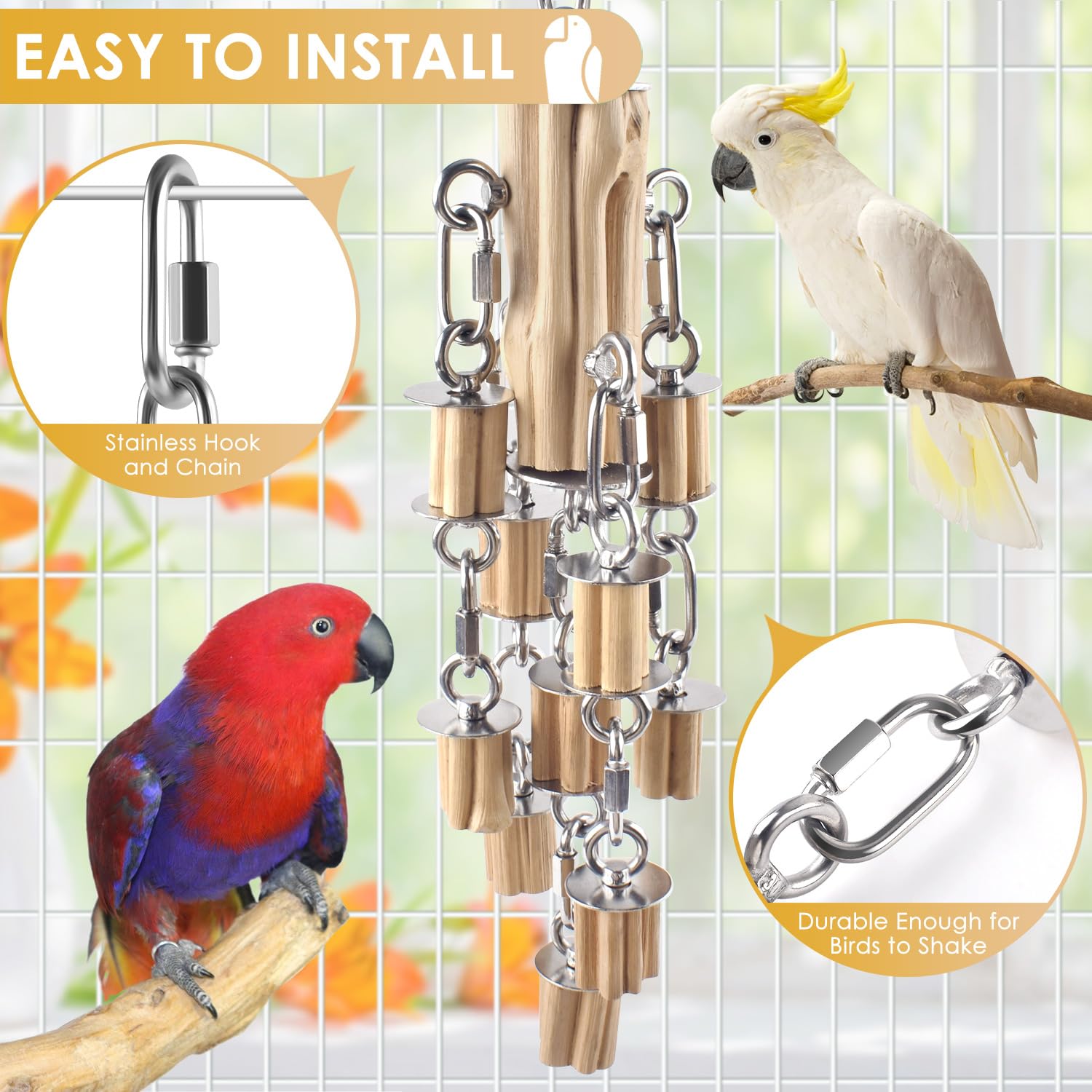 KATUMO parrot toy rotates and clatters, delivering auditory engagement.