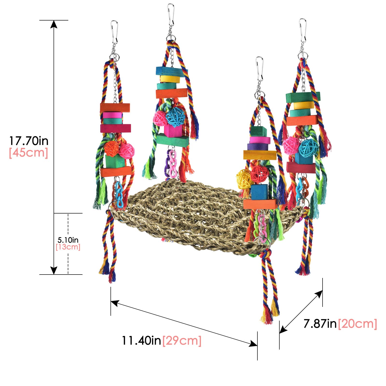 KATUMO seagrass-woven hammock with wood blocks and rings supports nibbling and climbing.