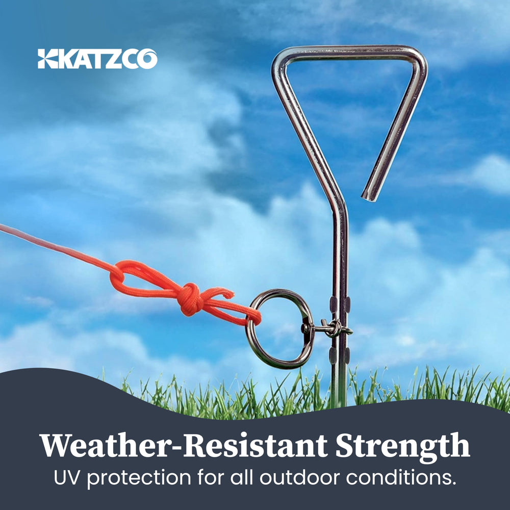 Katzco tie-out stake installs quickly into soil with a corkscrew arrowhead design.