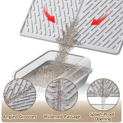 Kaxionage litter mat raised edge contains spills and moisture around the box.