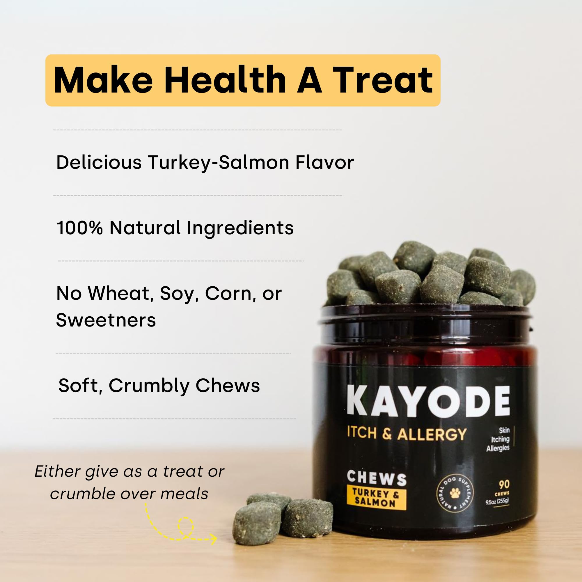 Kayode Itch & Allergy USA-made vet-approved blend label communicates trusted formulation.