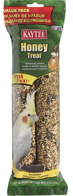 Kaytee Cockatiel Honey Stick product image—fortified treat for daily enrichment and healthy snacking.