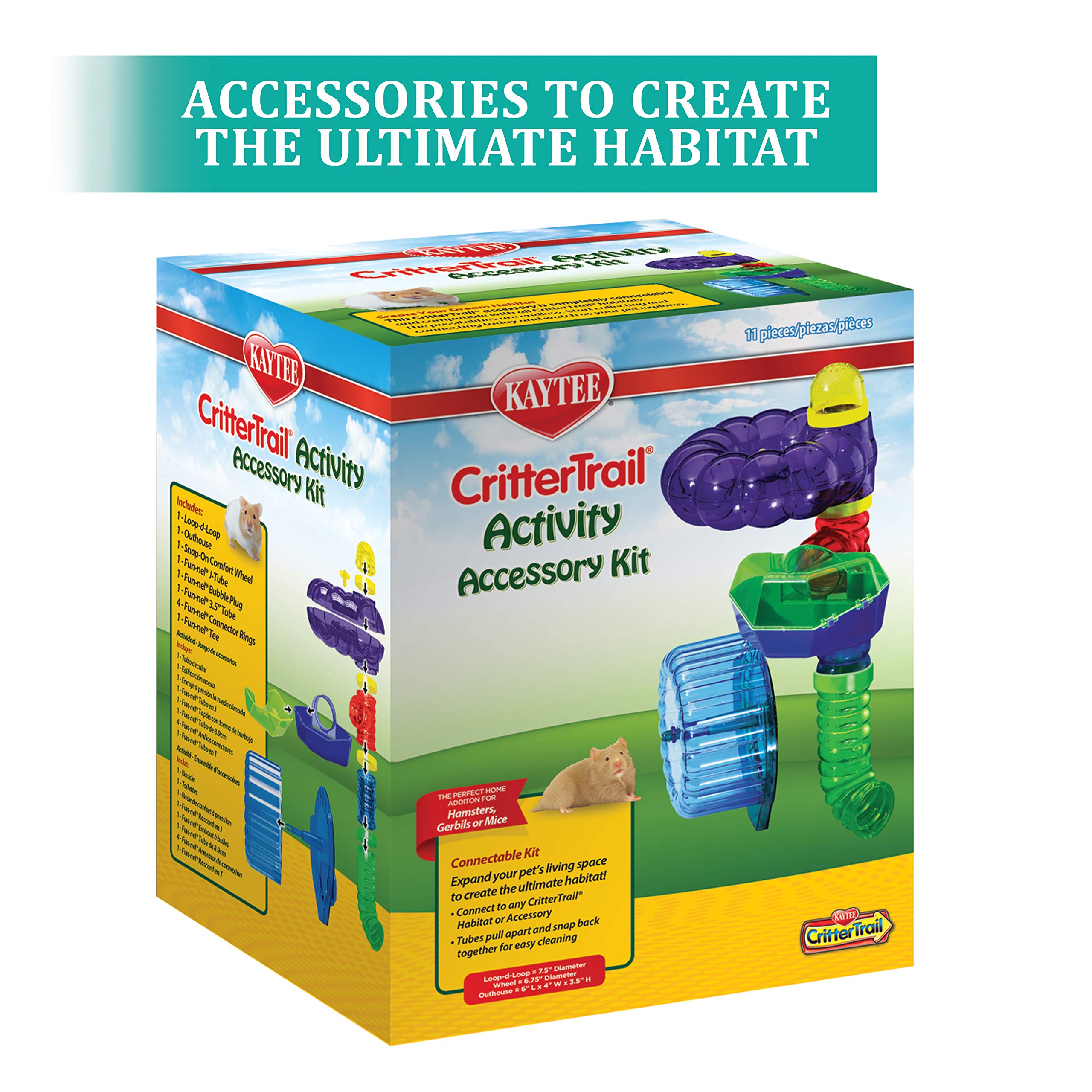 Kaytee CritterTrail bubble-wave funnels highlight a comfortable grip for tiny paws during play.