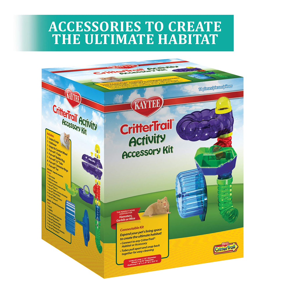 Kaytee CritterTrail bubble-wave funnels highlight a comfortable grip for tiny paws during play.