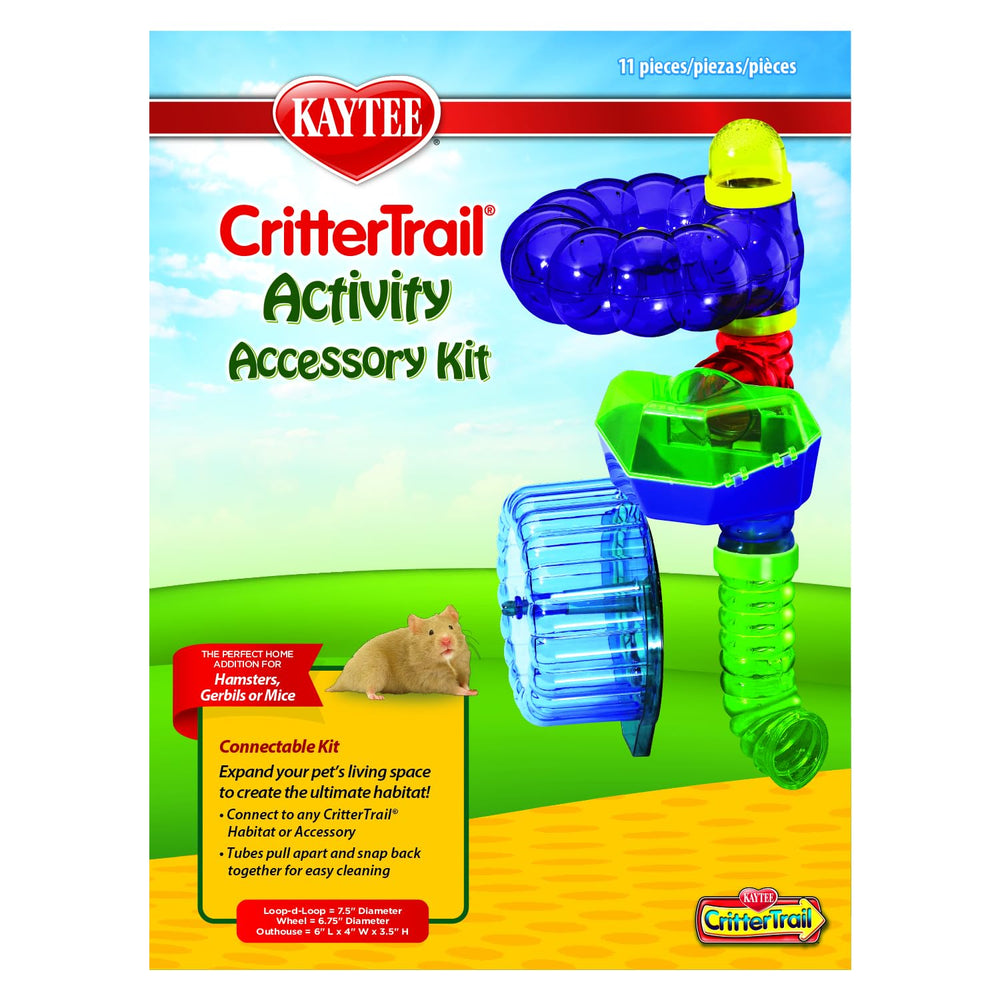 Kaytee CritterTrail Fun-nel Kit assembly shows easy-connect components for expanding a small animal habitat.