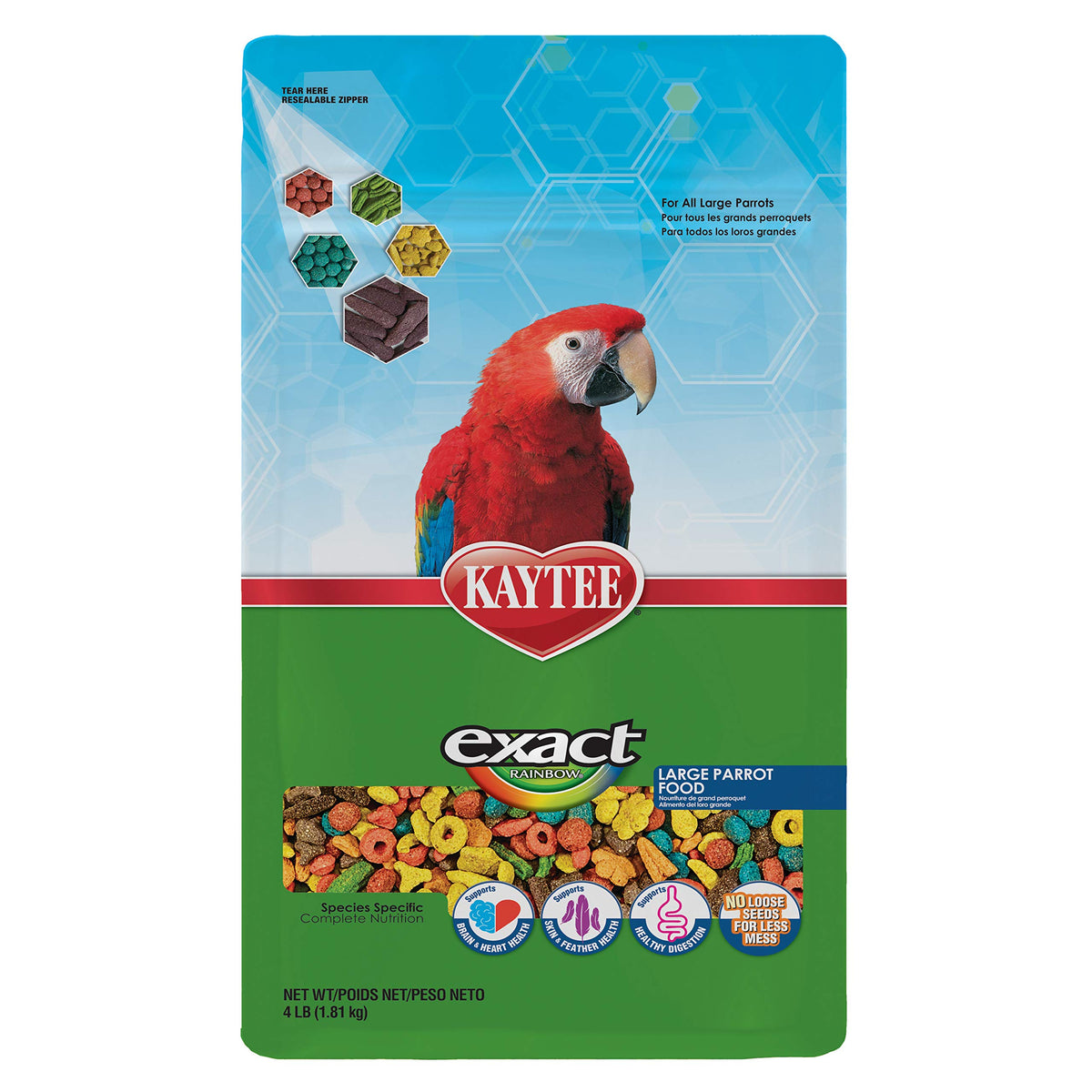 Kaytee Exact Rainbow Large Parrot bag label highlighting premium extruded nutrition.