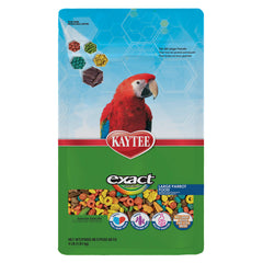 Kaytee Exact Rainbow Large Parrot bag label highlighting premium extruded nutrition.