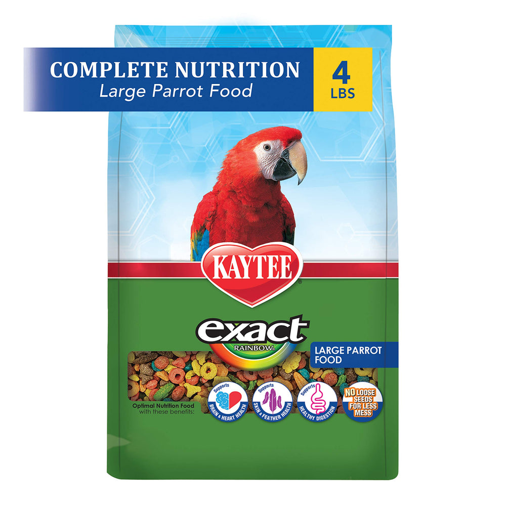 Kaytee Exact Rainbow Large Parrot nuggets close-up showing balanced nutrition for healthy plumage.