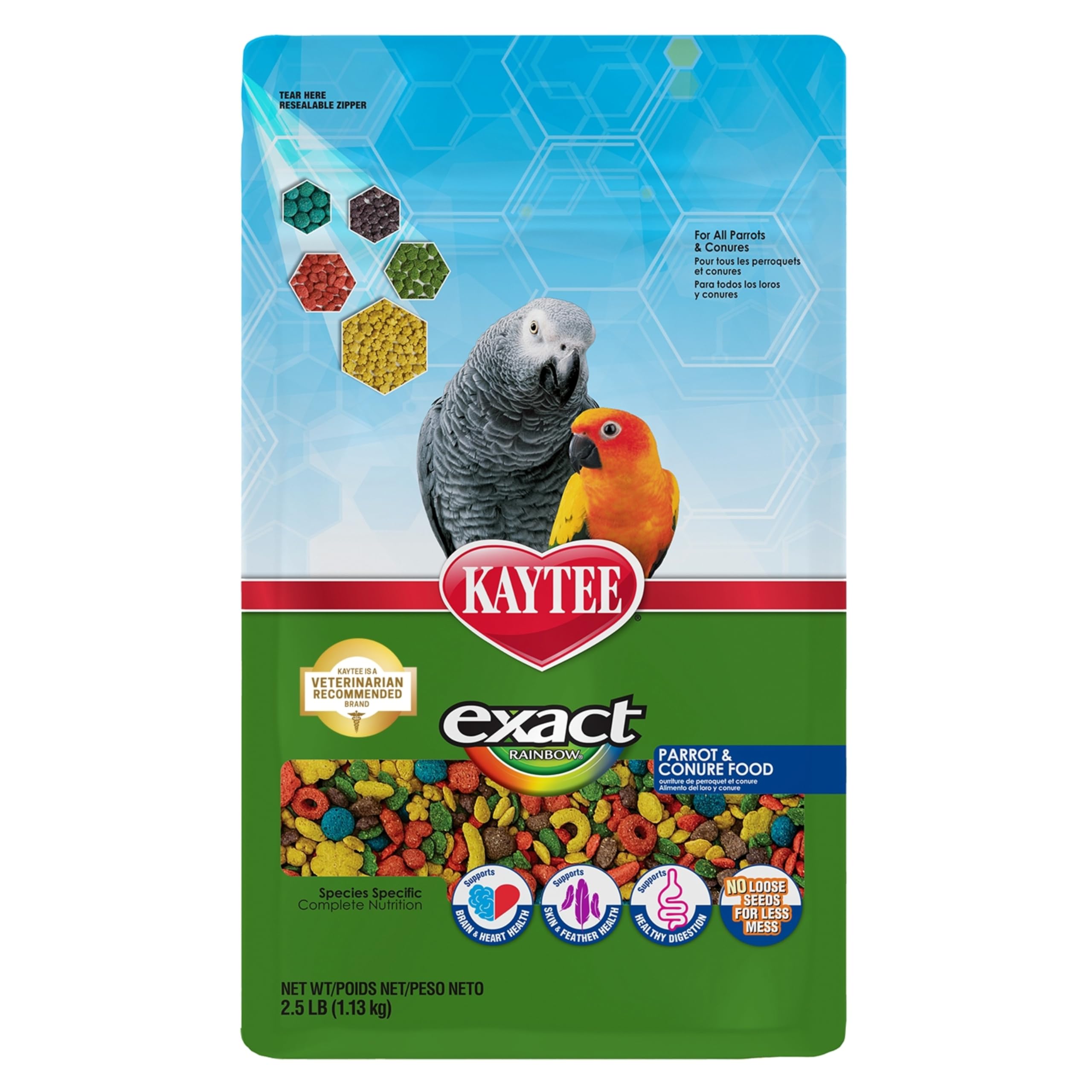 Kaytee Exact Rainbow with prebiotics and probiotics supporting digestive health.