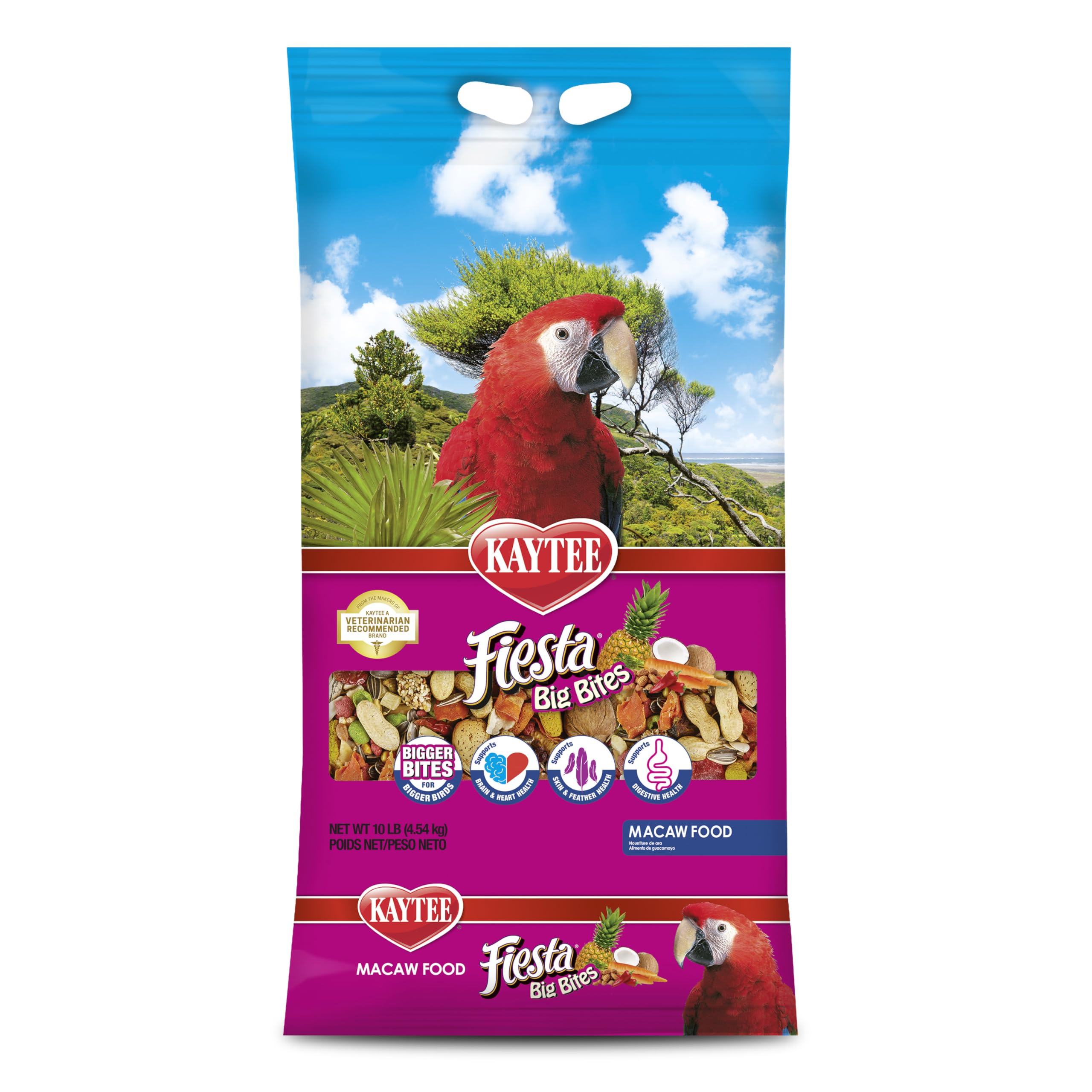 Kaytee Fiesta Big Bites Macaw Food bag label highlighting premium ingredients for macaws.