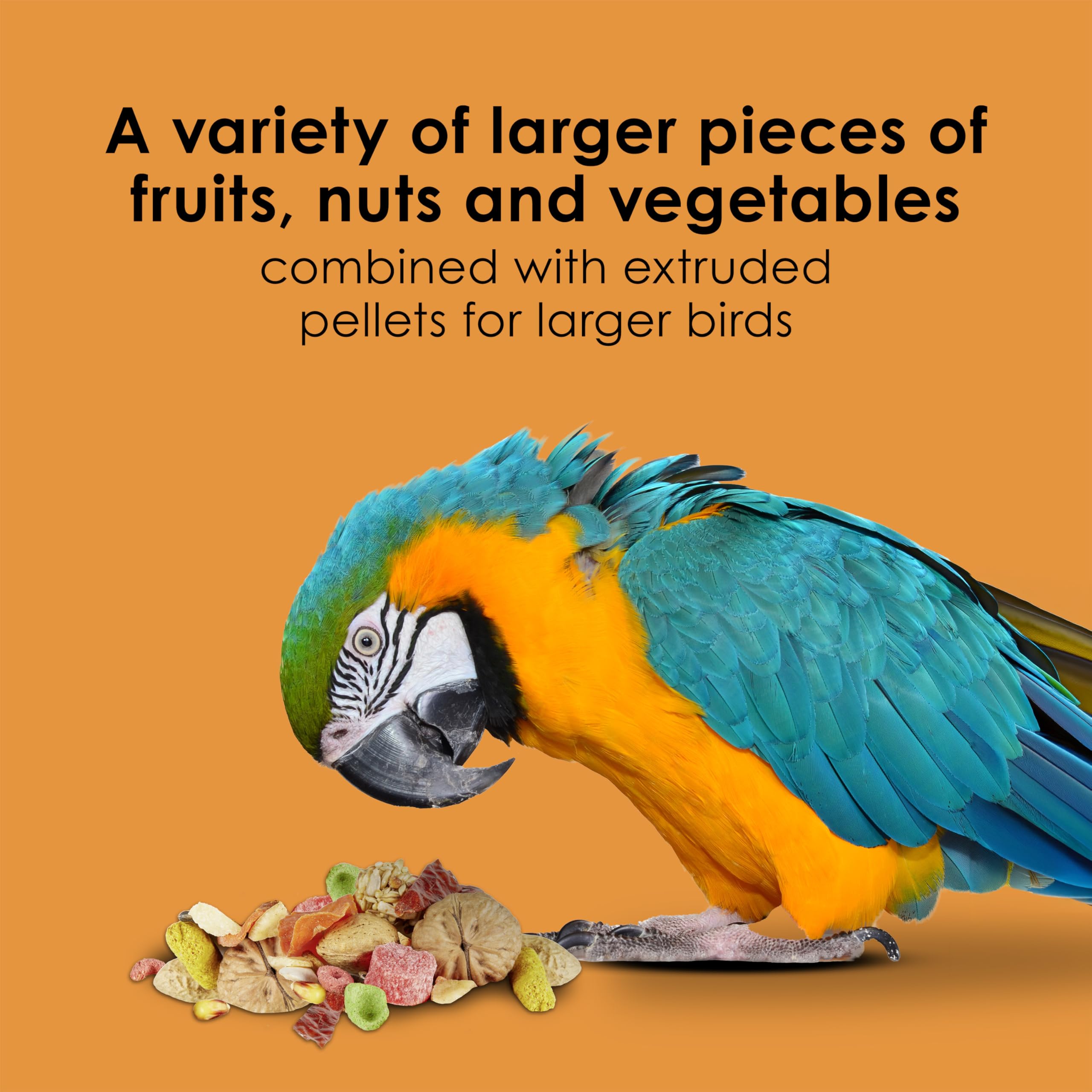 Kaytee Fiesta Big Bites Macaw Food pineapple, carrot, coconut visible in mix.