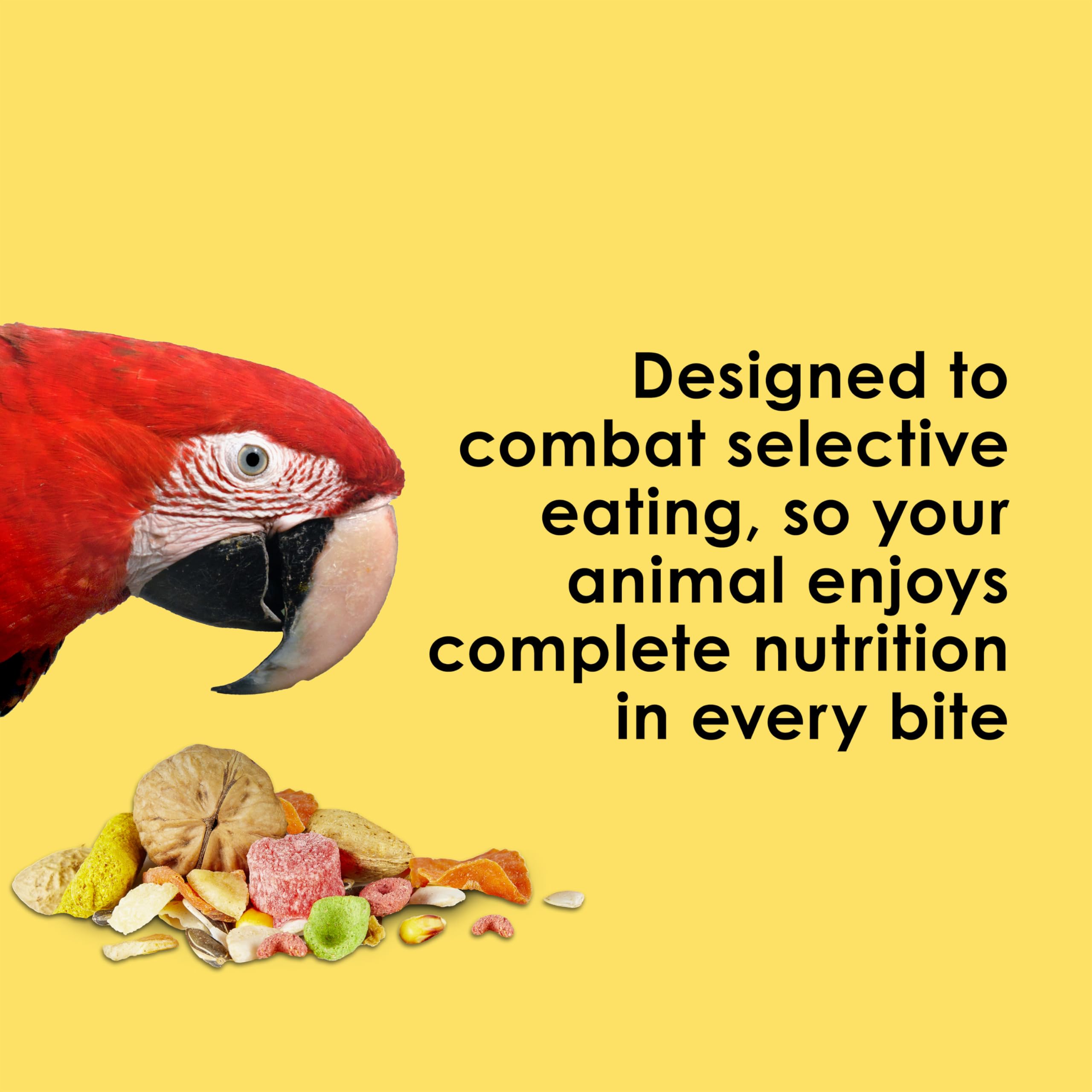 Kaytee Fiesta Big Bites Macaw Food texture variety encourages natural foraging.