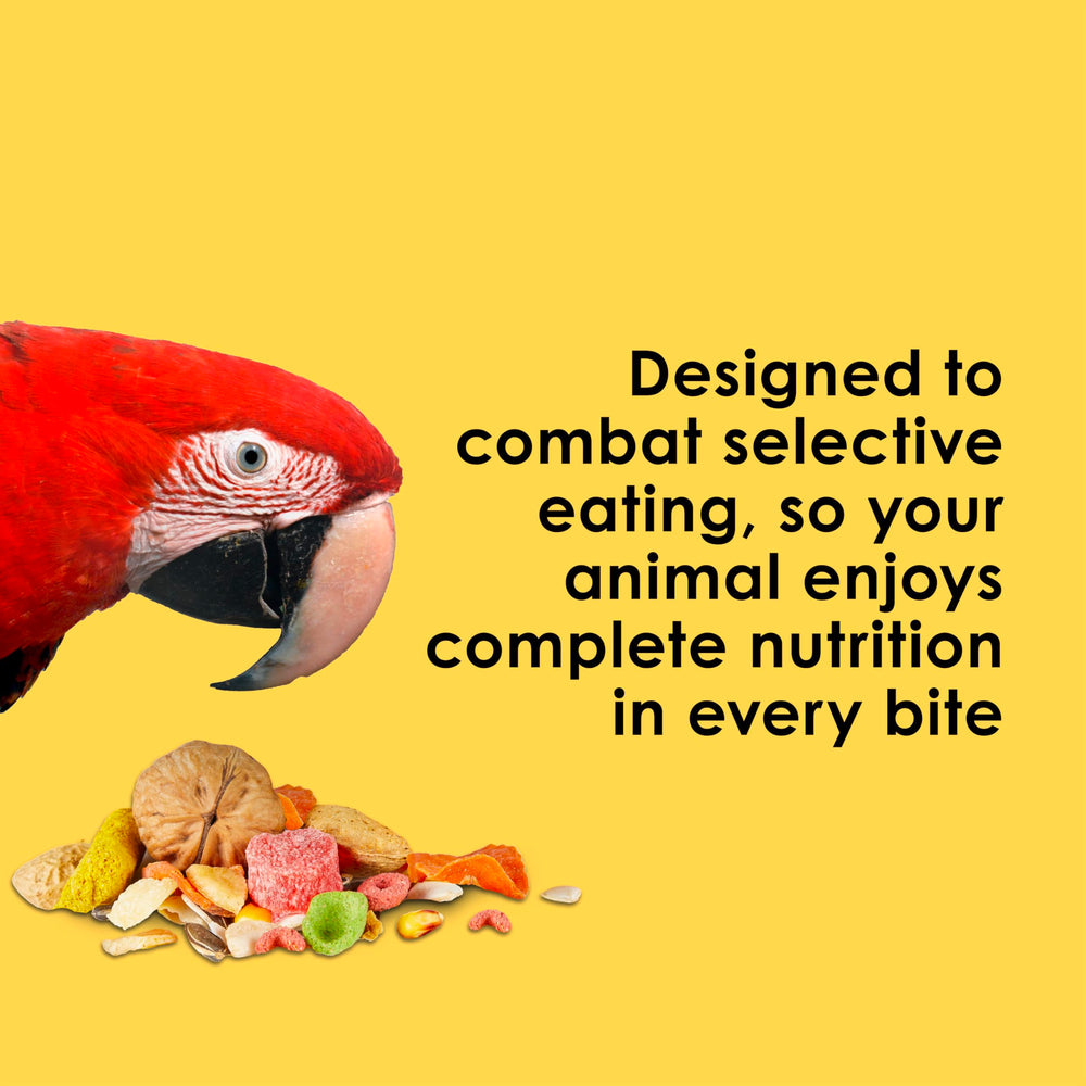 Kaytee Fiesta Big Bites Macaw Food texture variety encourages natural foraging.
