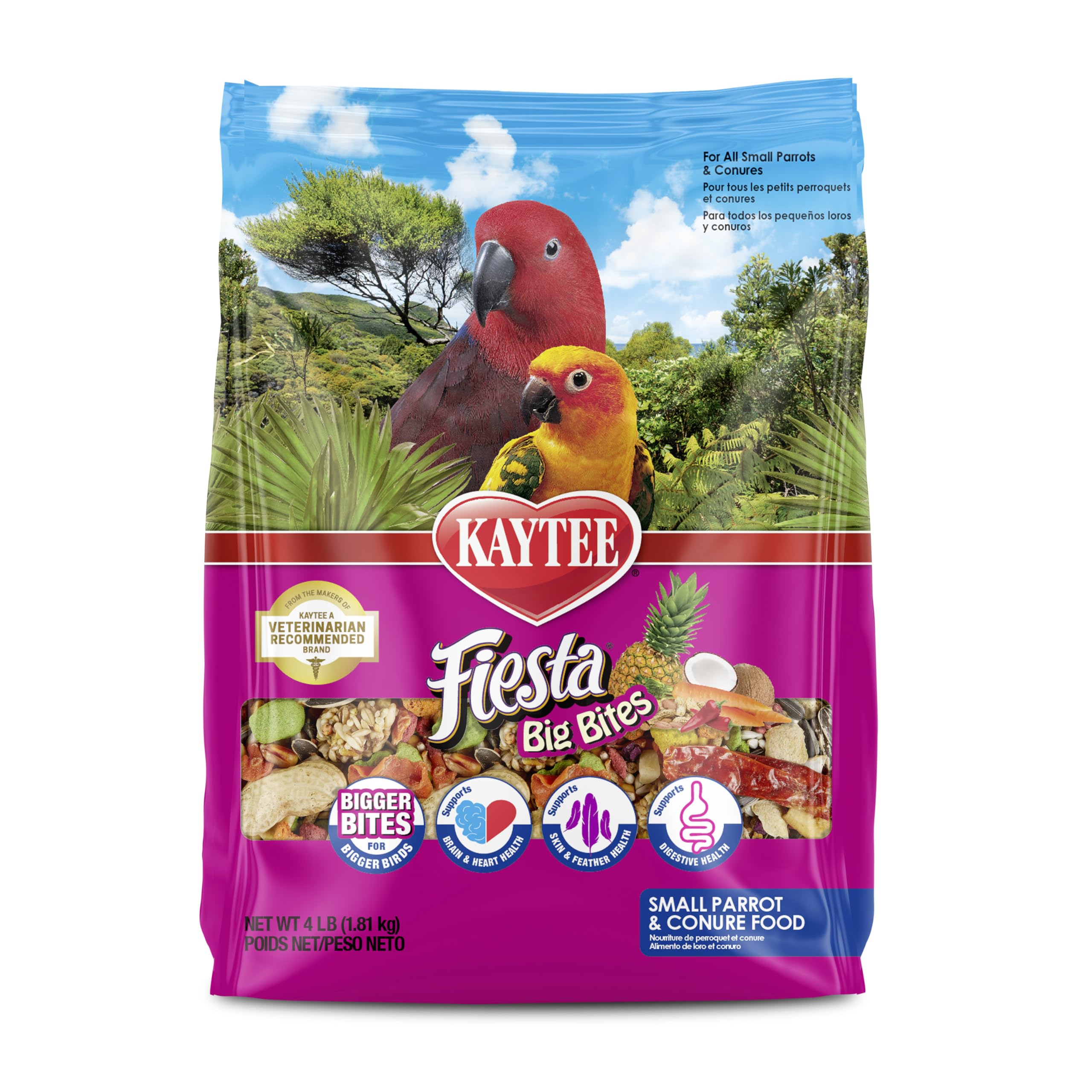 Kaytee Fiesta Big Bites packaging front shows a four-pound bag for large-billed parrots.