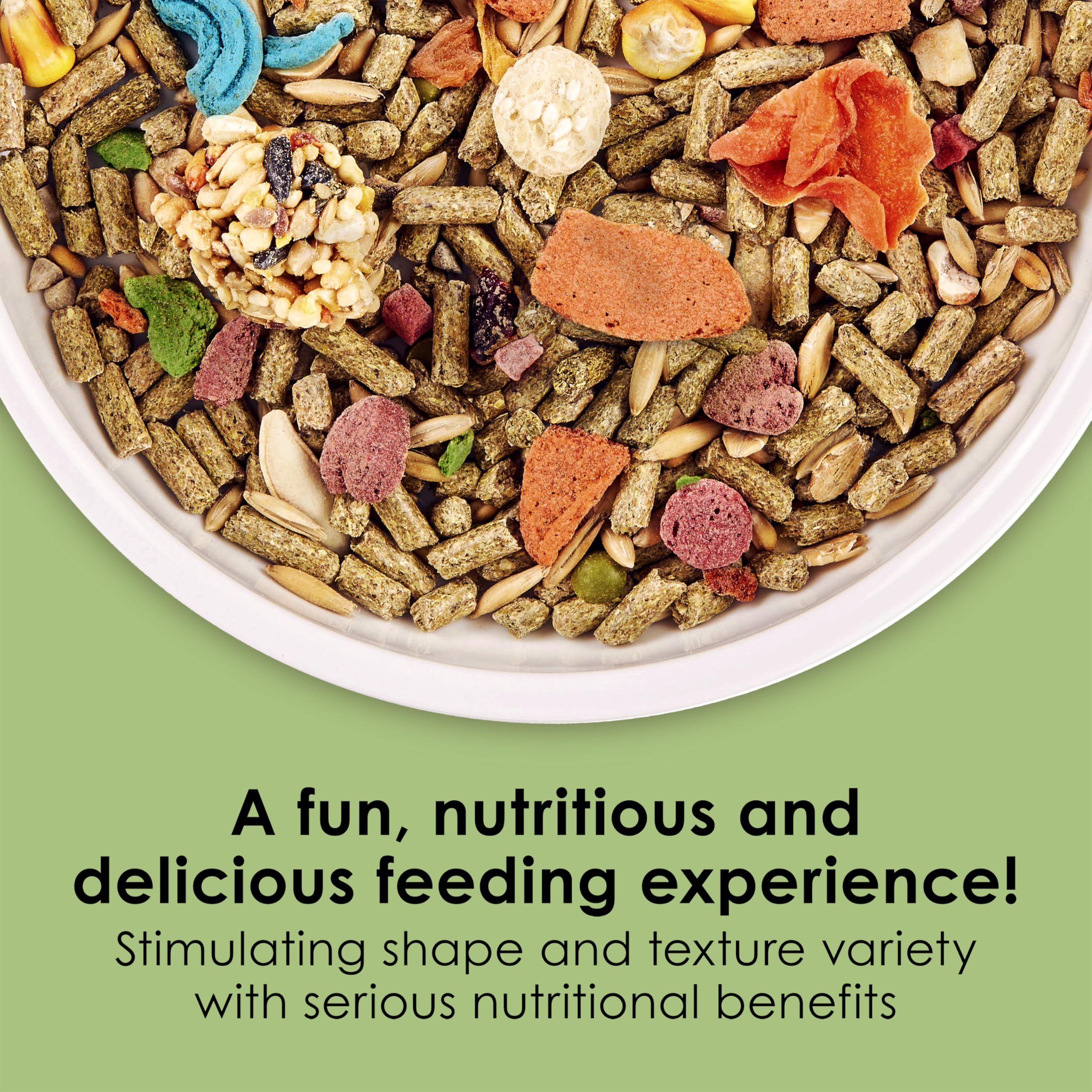 Kaytee Fiesta multi-texture pellets promote tactile chewing enrichment and dental health.