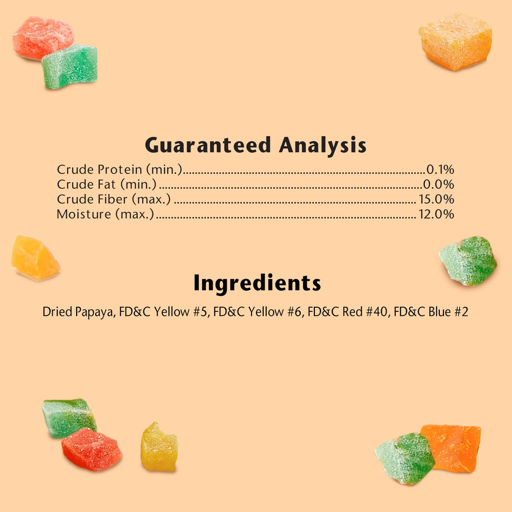 Kaytee Fiesta Papaya Bits diet-variety close-up signaling interest and appetite stimulation.