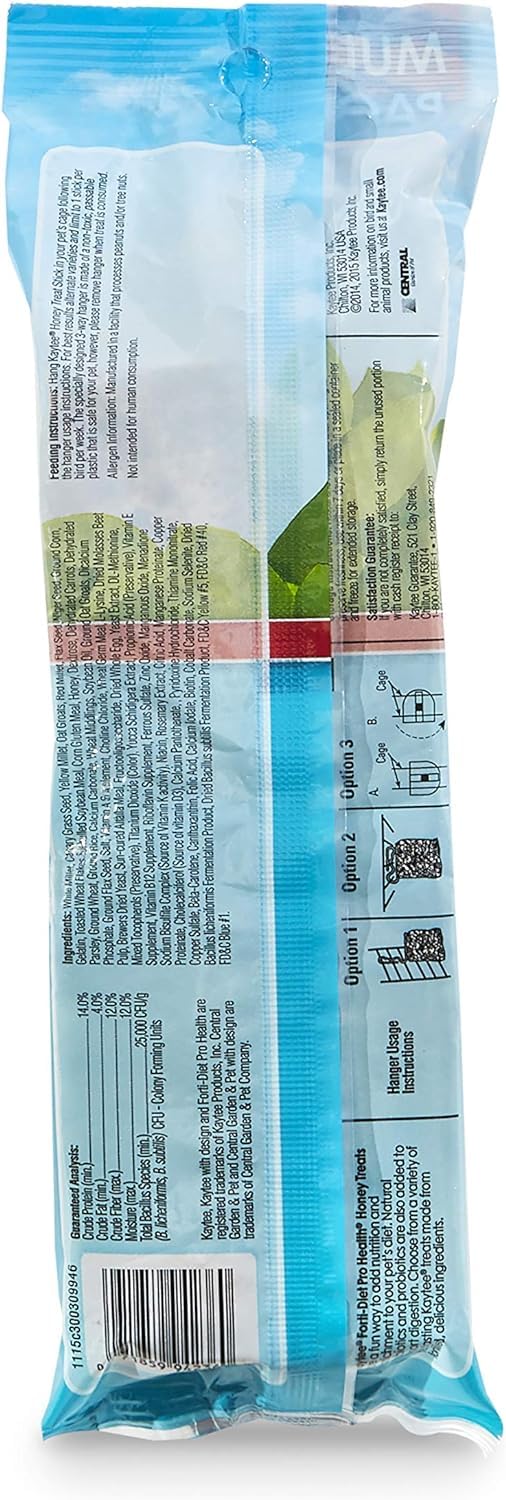Kaytee Forti-Diet Pro Health Honey parakeet treat sticks close-up showing honey glaze and grains