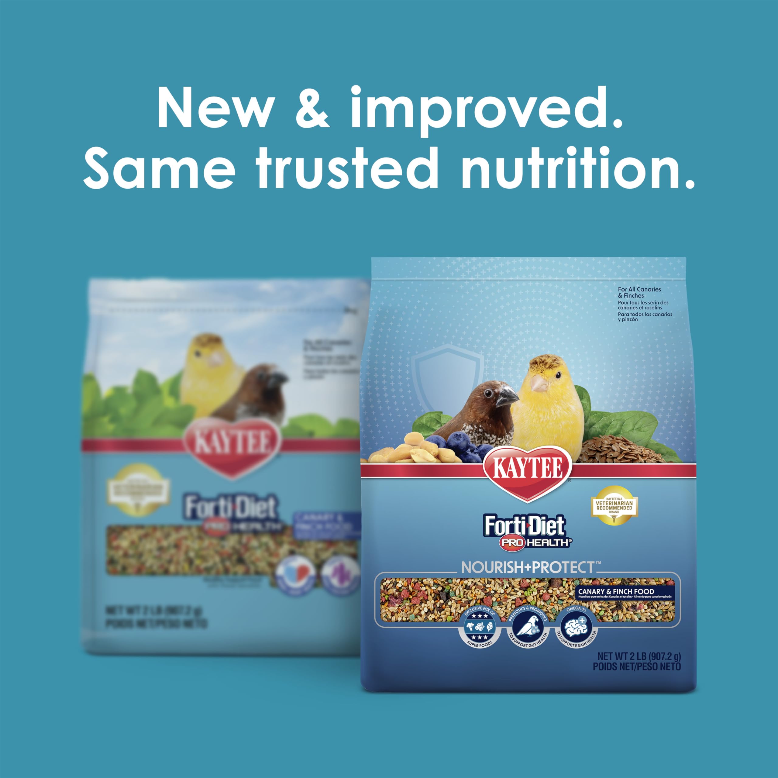Kaytee Forti-Diet Pro Health ingredient label highlights probiotics and antioxidants for digestive comfort.
