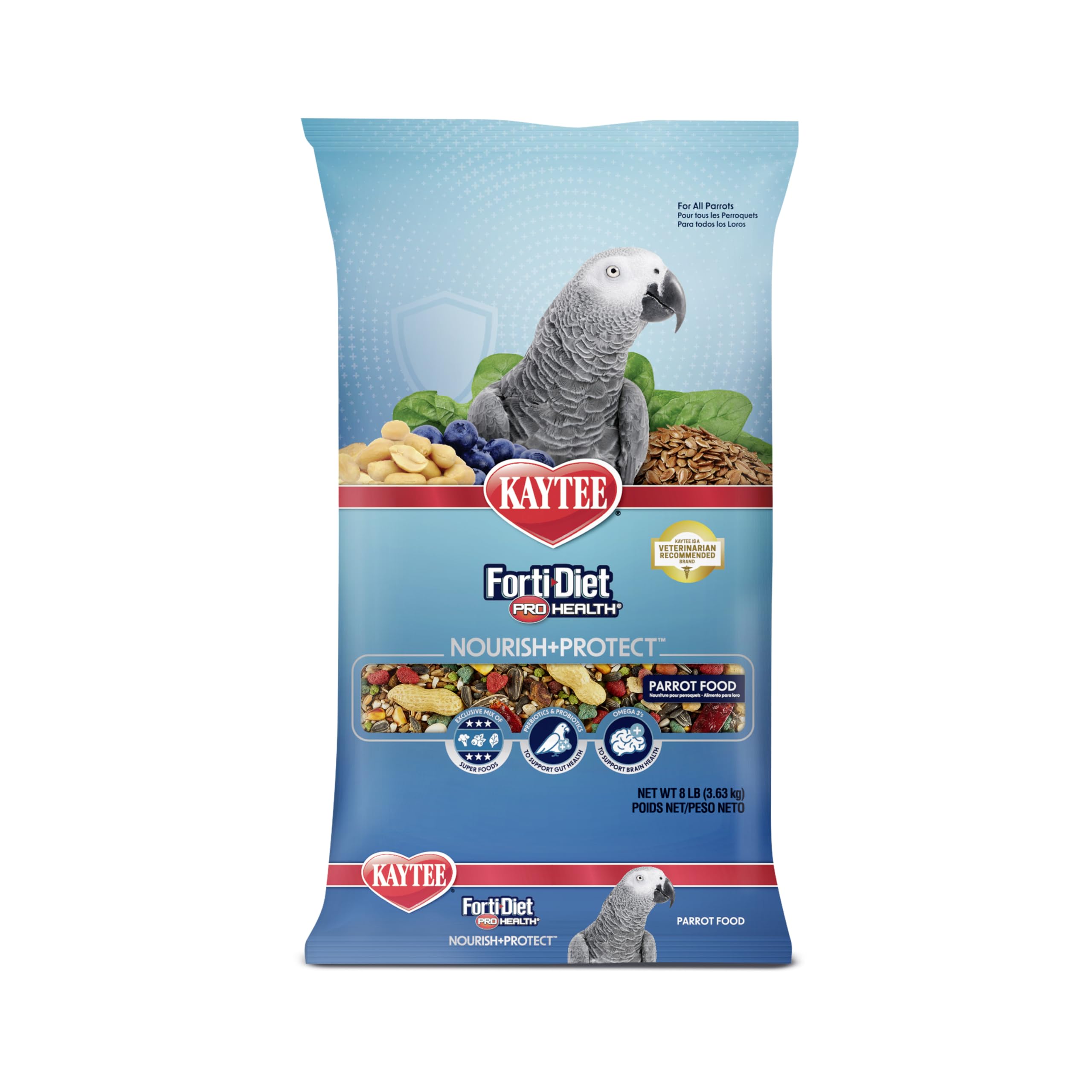Kaytee Forti-Diet Pro Health parrot food bag open, nutrient-rich plumage-ready mix