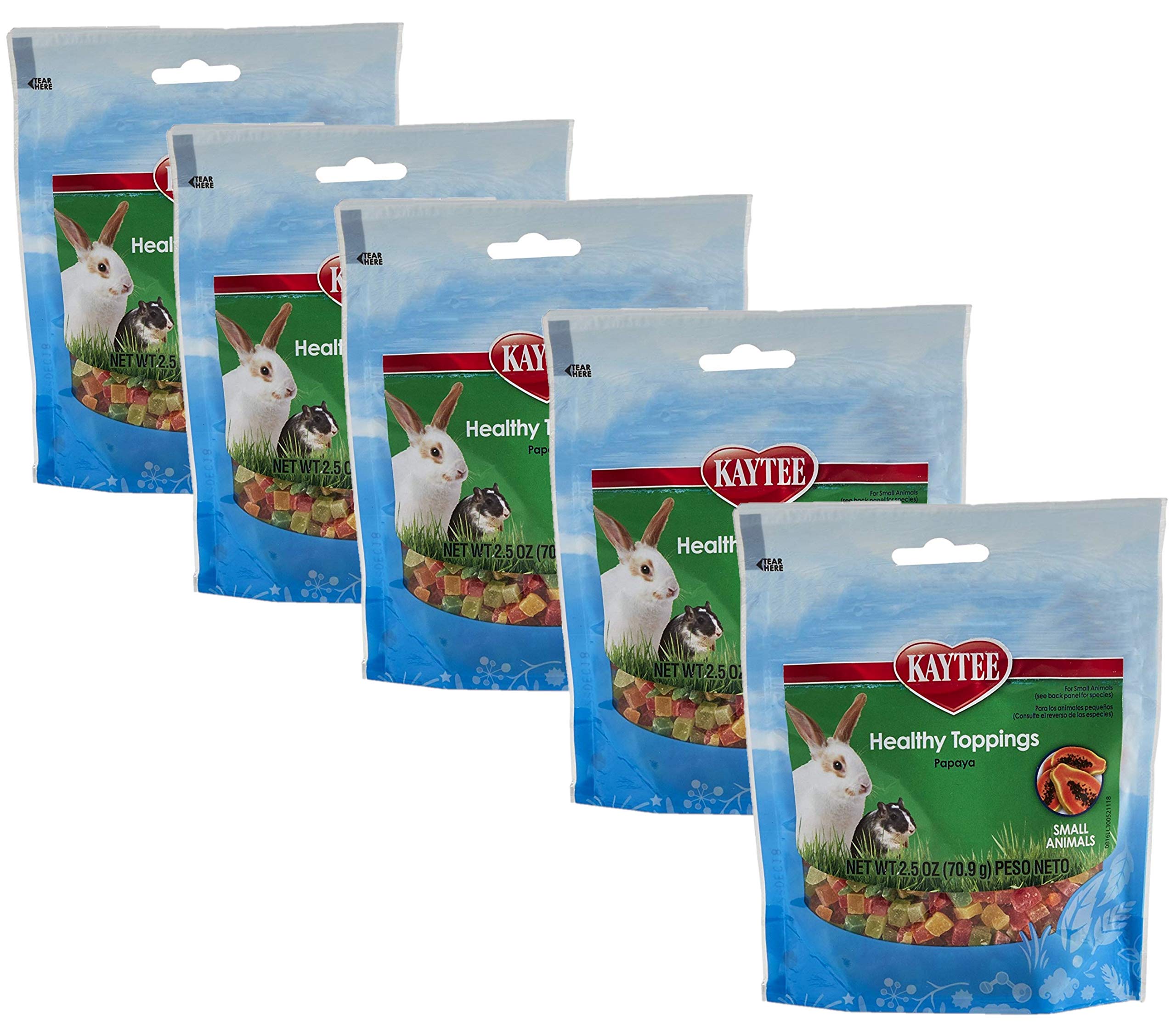 Kaytee Healthy Toppings Papaya Pack-5 shows bite-sized fruit treats for small animals, enhancing variety.