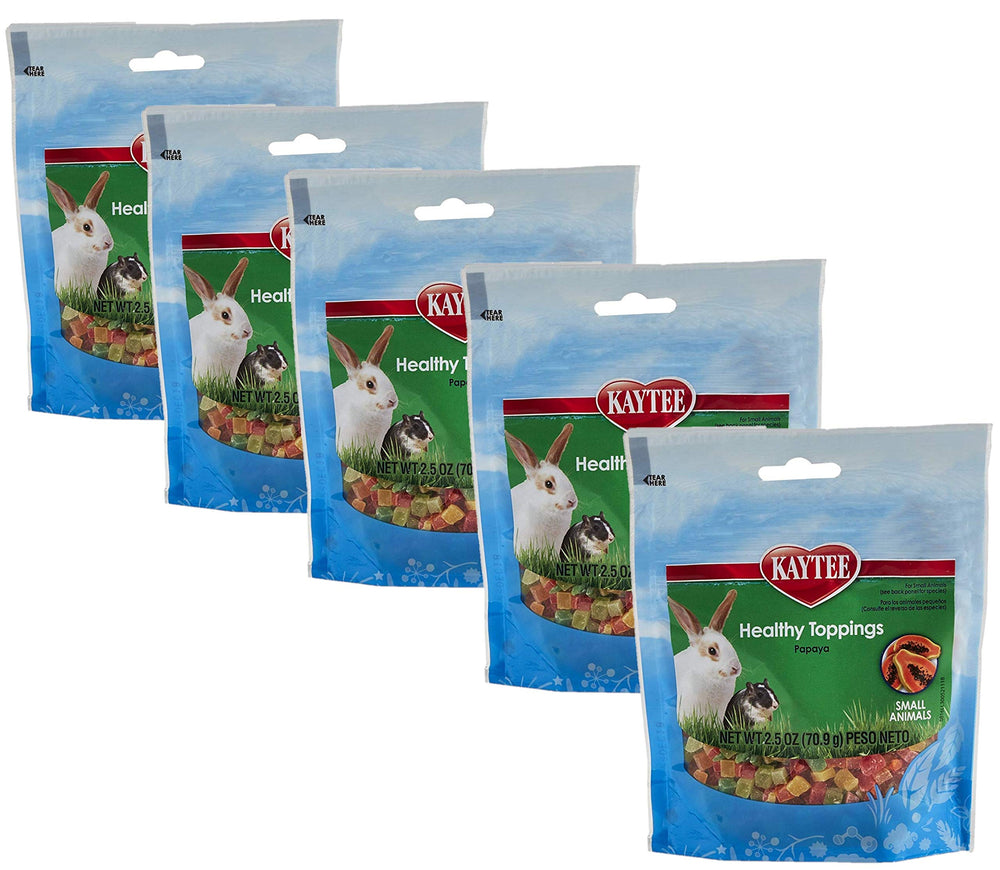 Kaytee Healthy Toppings Papaya Pack-5 shows bite-sized fruit treats for small animals, enhancing variety.