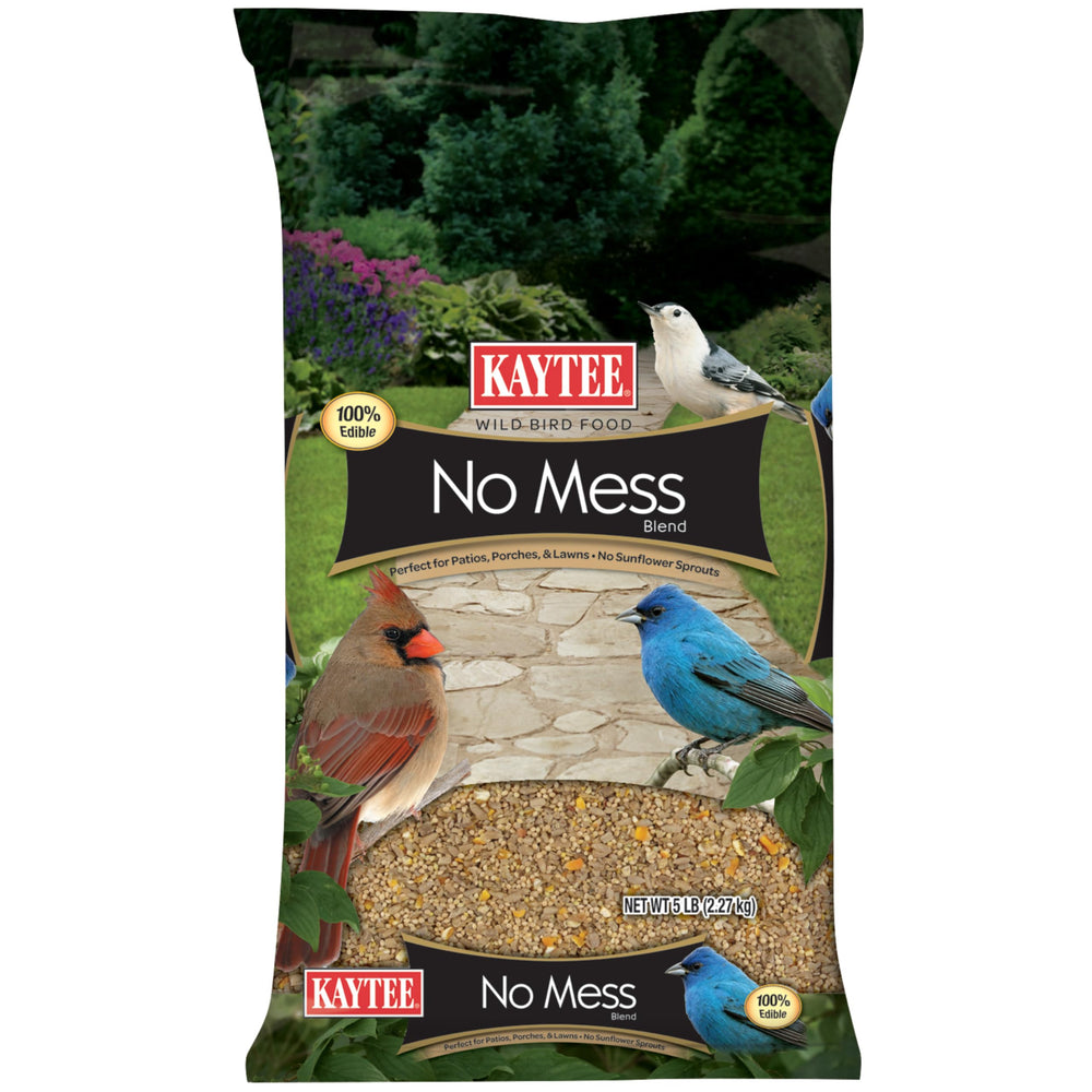 Kaytee No Mess Blend bag shows shell-free seeds for cleaner yard feeding.