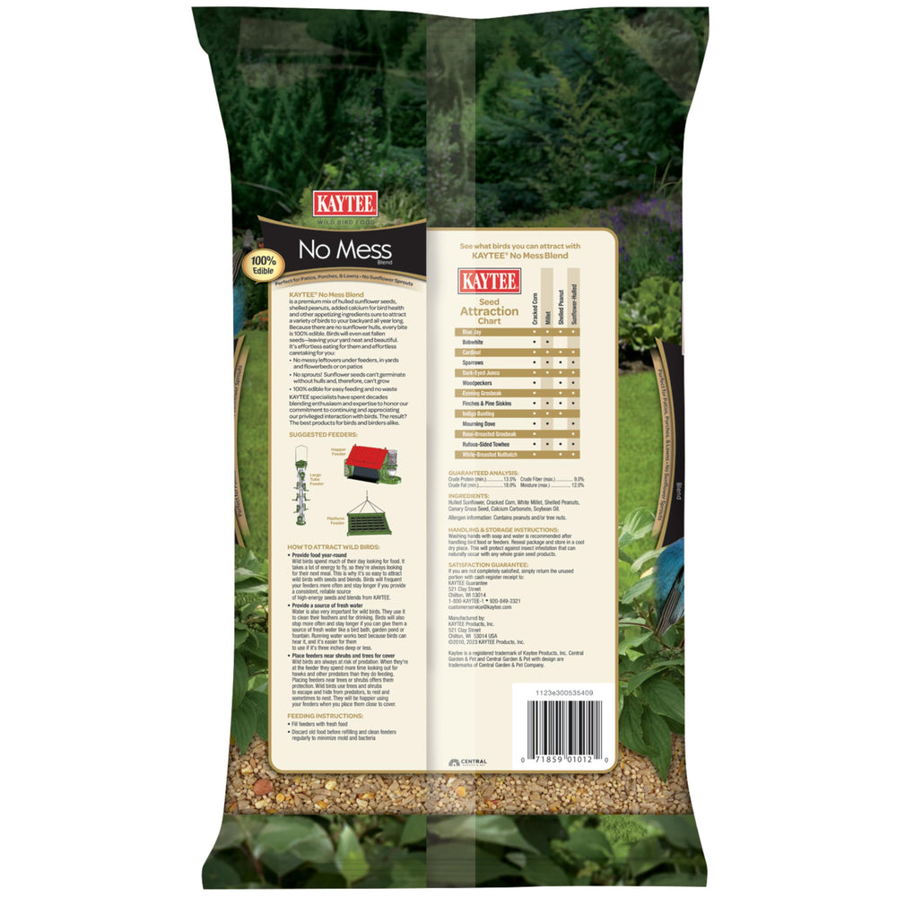 Kaytee No Mess Blend close-up highlights hulled sunflower seeds for quick bird meals.
