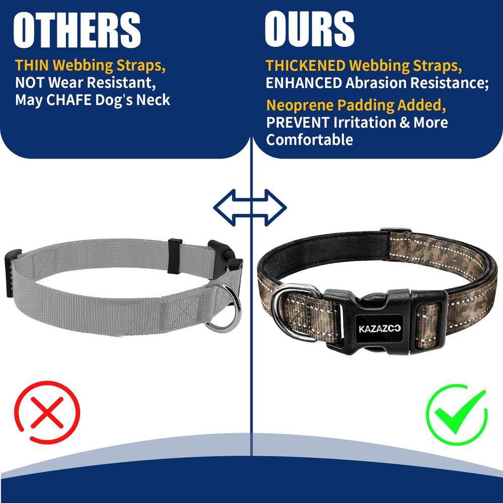 Kazazoo camo dog collar with reflective threads improves night visibility.