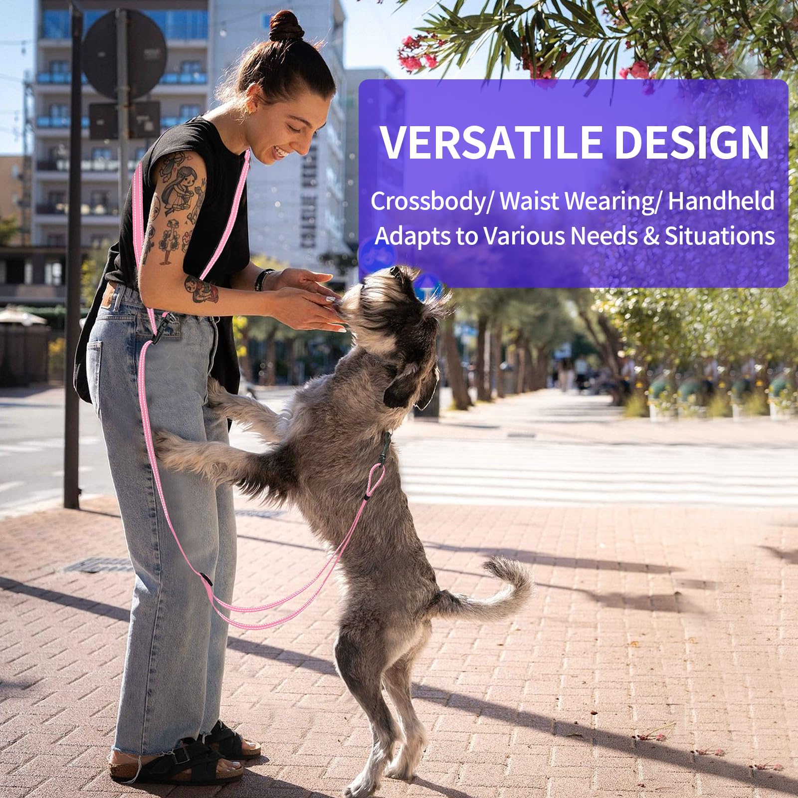 Kazazoo hands-free leash length slider shows quick 5 to 8 ft adjustments.