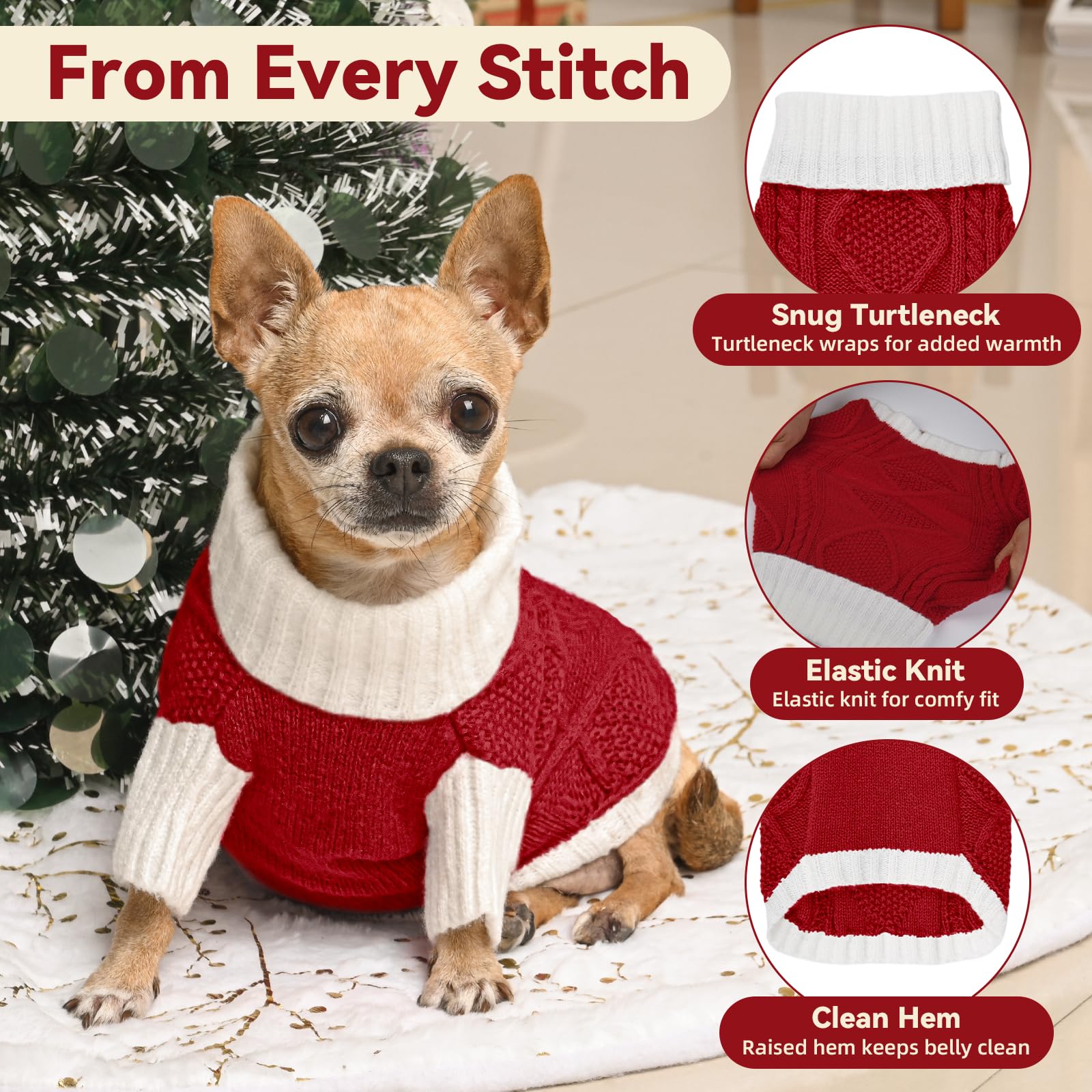 KCFESTIHUE dog sweater argyle knit red back view highlights stylish snug fit for tiny dogs