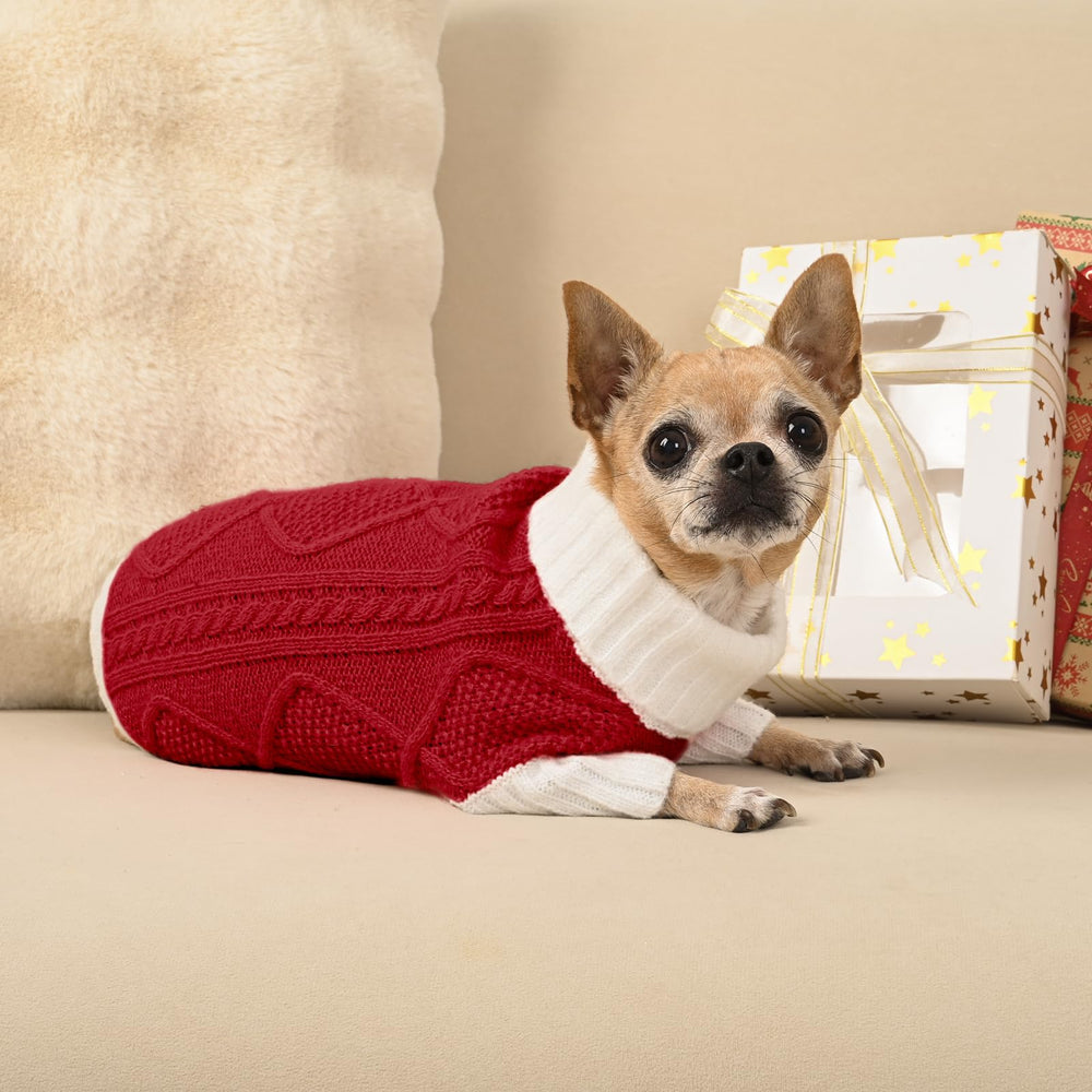 KCFESTIHUE turtleneck detail on red argyle knit highlights warmth and mobility for small dogs