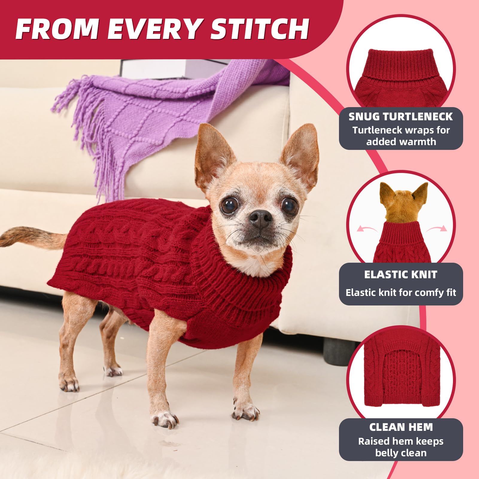 KCFESTIHUE cable-knit pattern close-up on small dog sweater for timeless style.