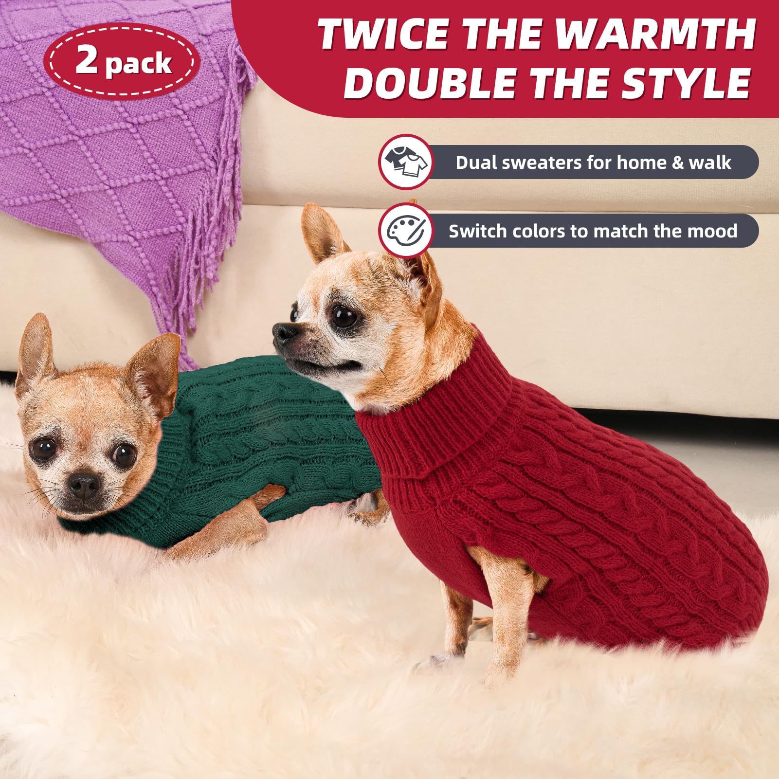 KCFESTIHUE two-pack dog sweaters green for small breeds with festive holiday style.