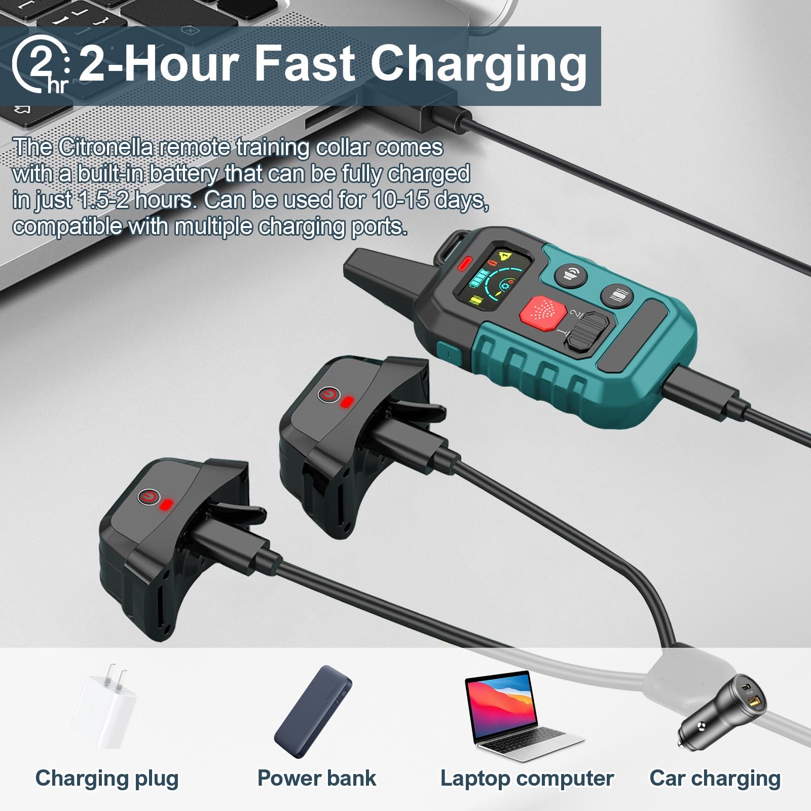 KDSZJDV citronella collar charging setup highlighting fast recharge.