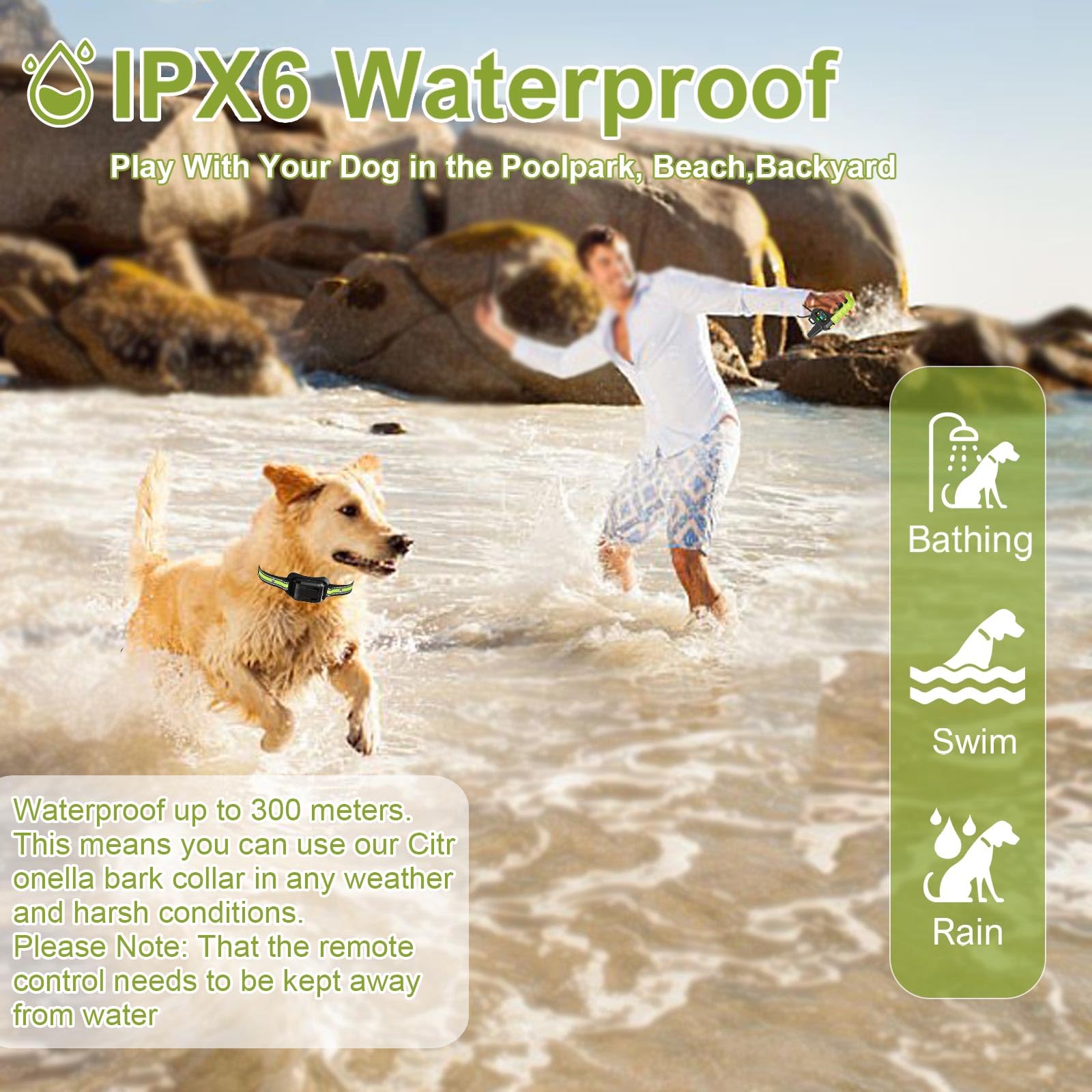 KDSZJDV IPX7 waterproof rating on collar, ready for rain.