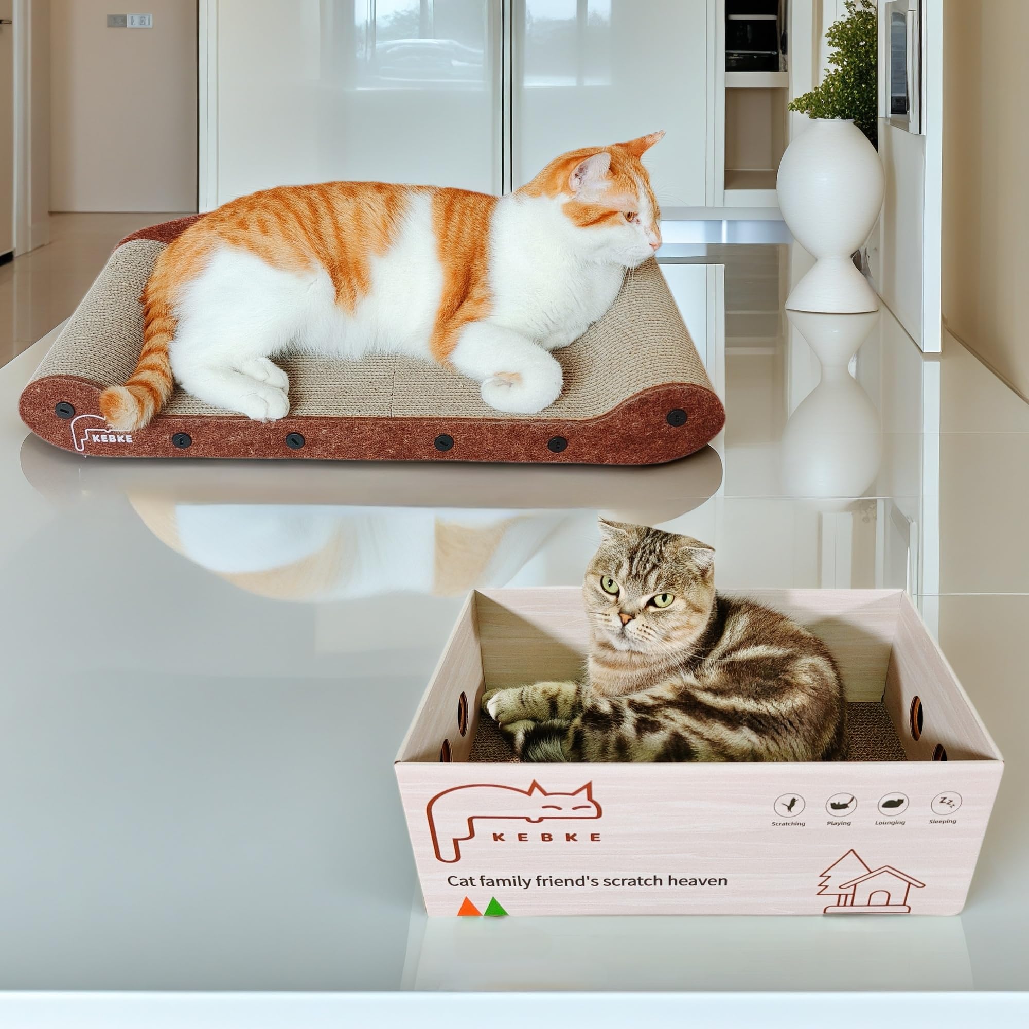 KEBKE cat-scratcher-cat-friendly-details matches cat curves for comfortable lounging.