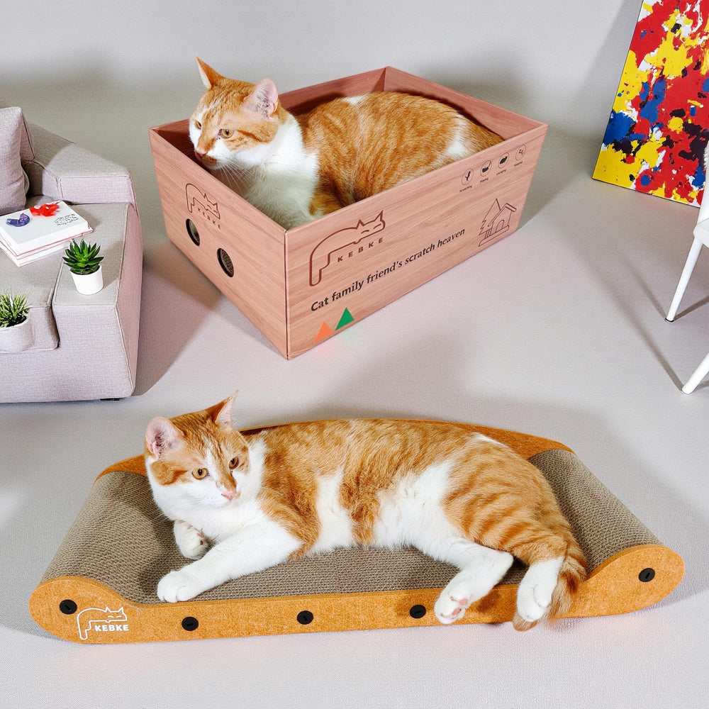 KEBKE Indoor Cat Use Case Lounging shows cats stretching and relaxing in a multi-functional scratcher.