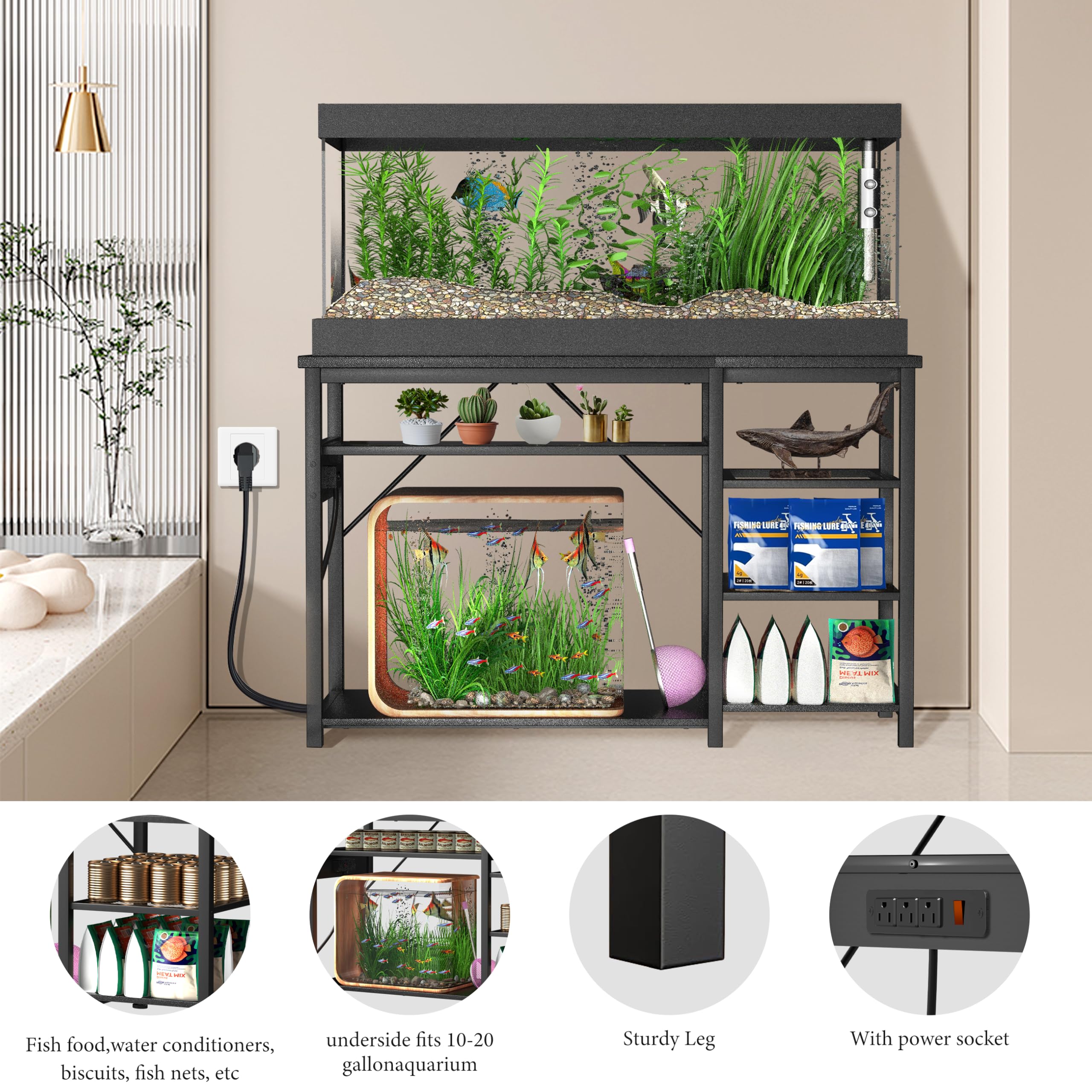Keelian stand with built-in power outlets simplifies lighting and equipment setup.