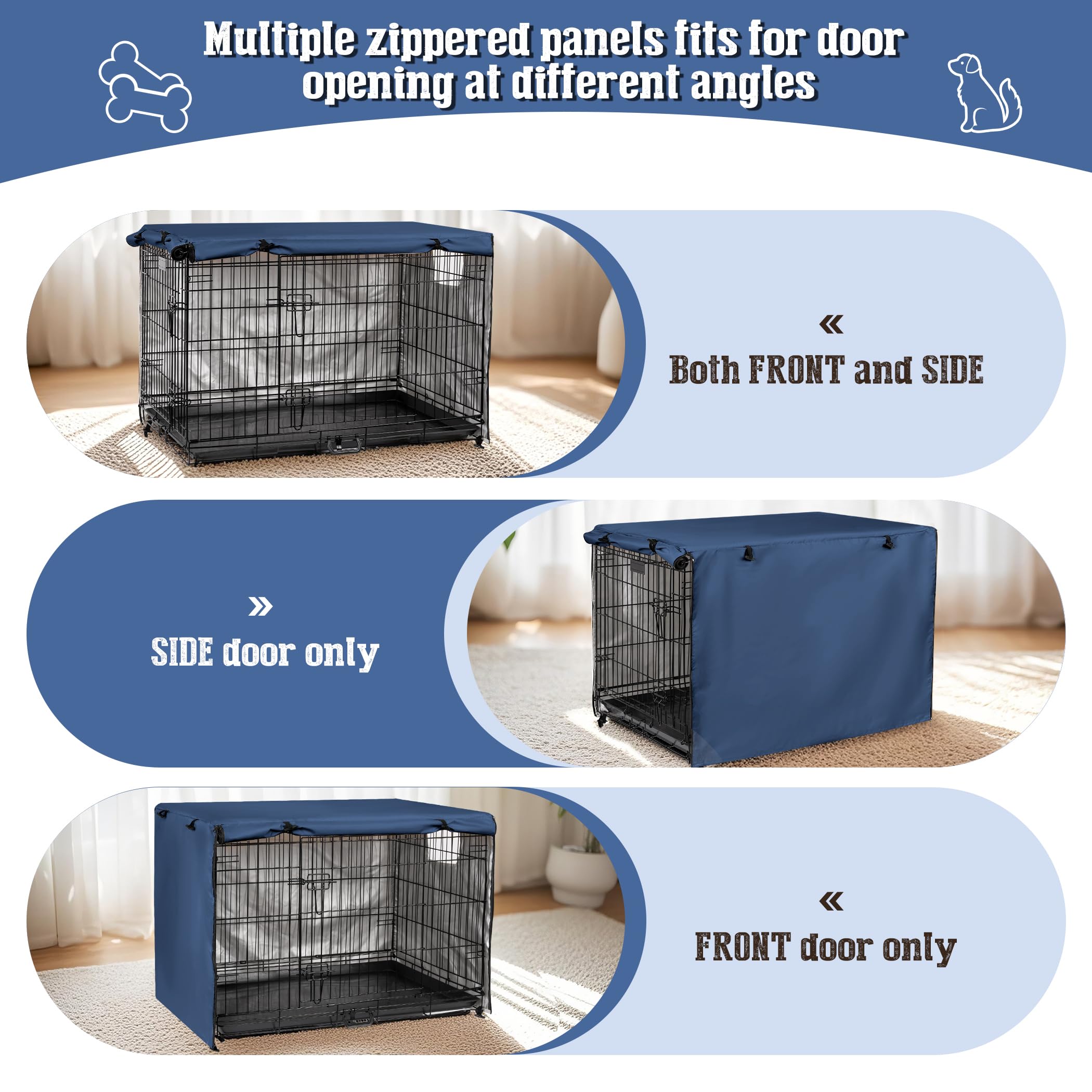 kefit dog crate cover 36in side view highlights calm den and easy setup in navy.