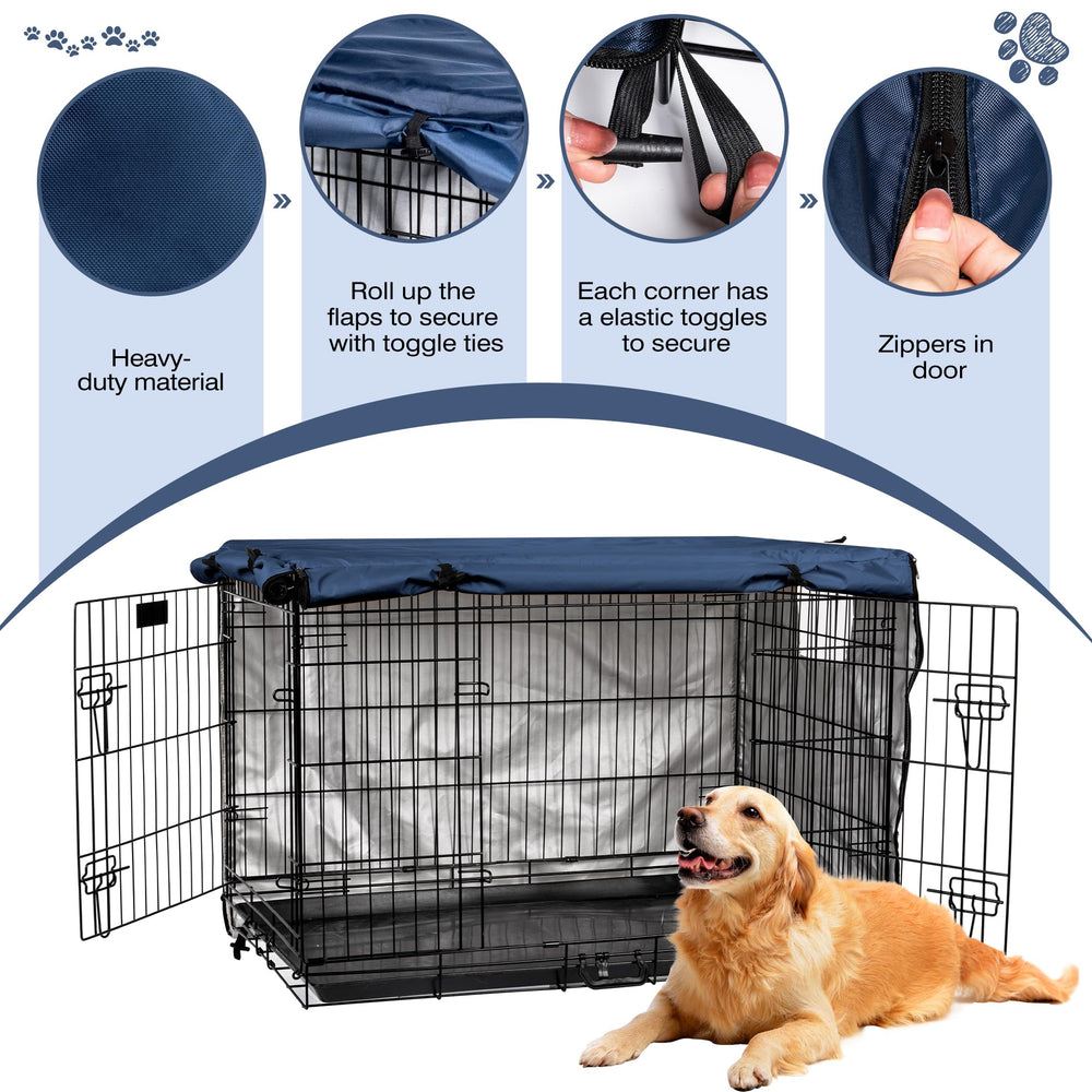 kefit dog crate cover elastic toggles corners navy secure to crate.