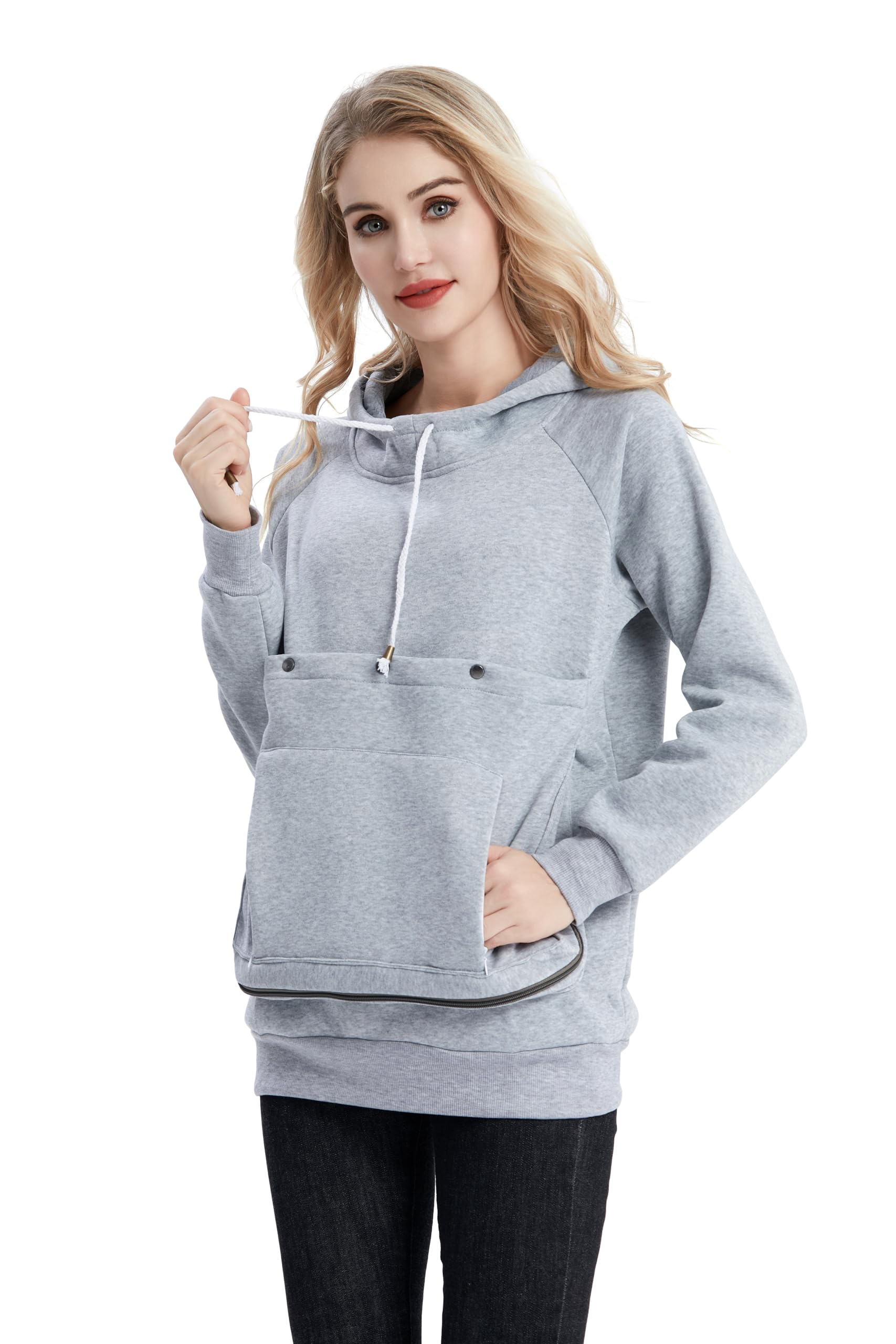 Kei Tomlison pet pouch hoodie front view for hands-free carrying on walks.