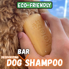KELEBS dog shampoo bar application demonstrates easy direct-on-coat use during bath time.