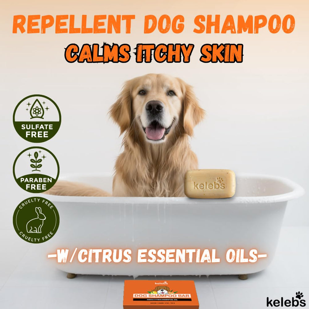KELEBS dog shampoo bar foam on coat shows thorough cleansing and citrus-lifted lather.